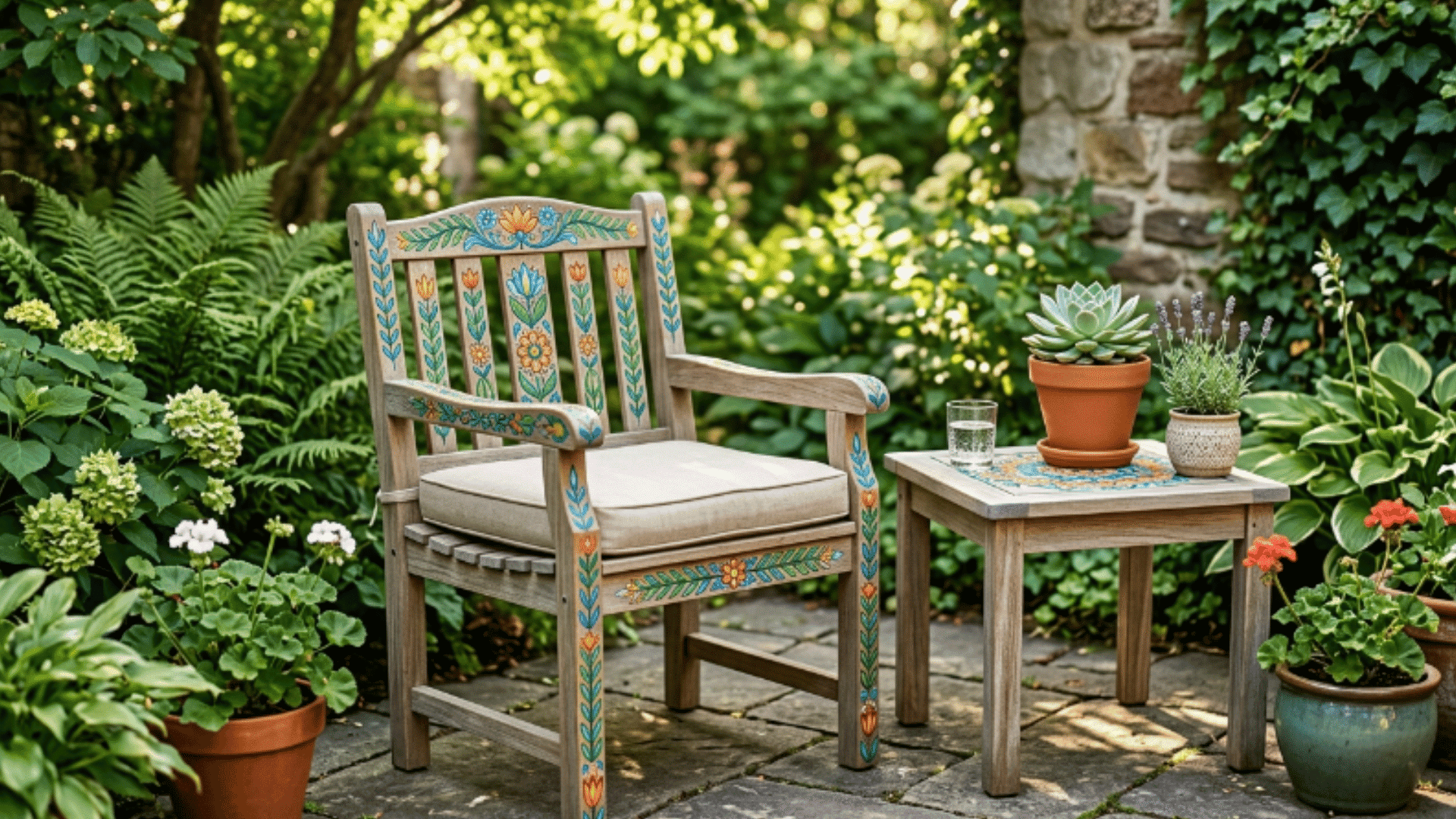painted wooden outdoor furniture accents with acrylic paint and sealed finish