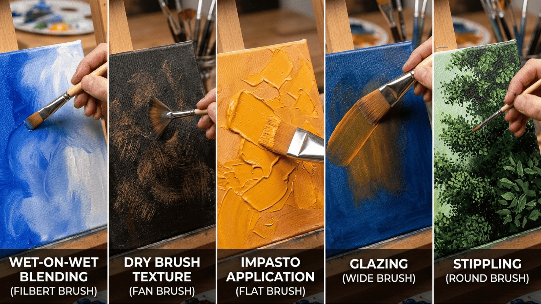 painting techniques demonstration showing wet-on-wet blending, dry brush, impasto, glazing, and stippling on canvas panels