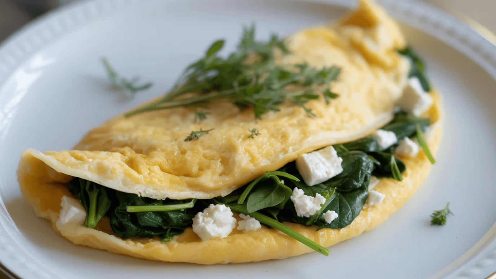 pale golden French omelet, folded cleanly on a white plate, wilted spinach and crumbled white feta visible at the open fold, fresh herbs scattered on top