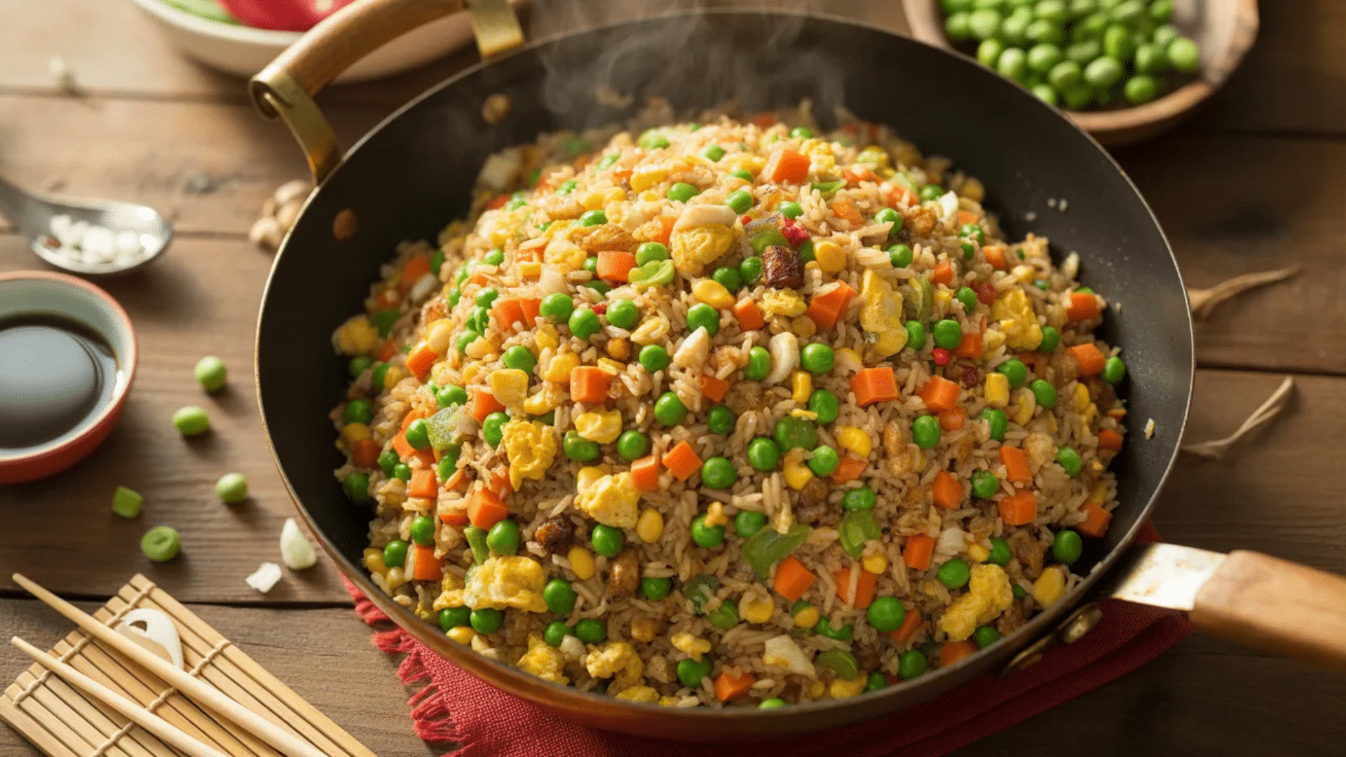 pan of fried rice with vegetables eggs and meat served hot with chopsticks and sauce on a wooden table