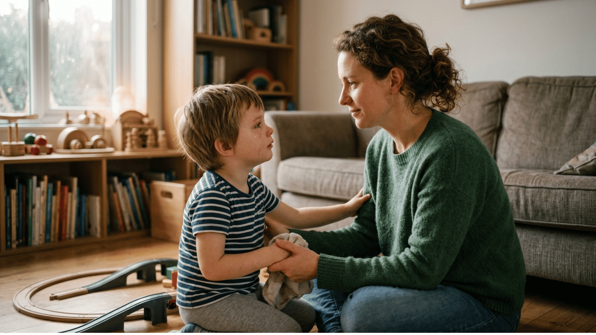 parent calmly talking to upset child at eye level, showing emotional connection and gentle guidance.