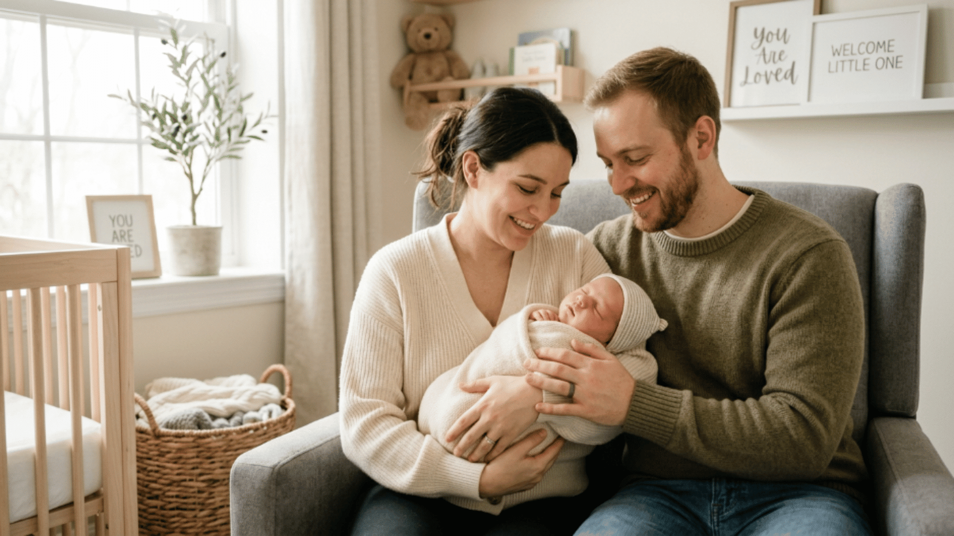 parents sitting in a cozy bedroom holding their newborn baby wrapped in soft clothes and smiling lovingly