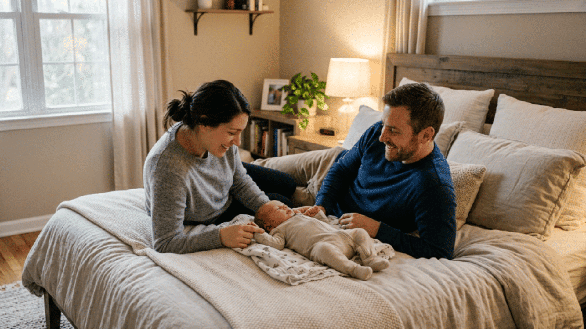 parents sitting on a bed gently interacting with their newborn baby in a warm cozy bedroom setting