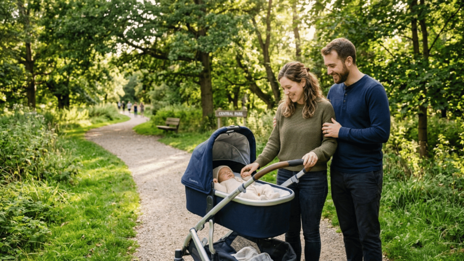 parents walking in a park with their newborn baby in a stroller surrounded by greenery and sunlight