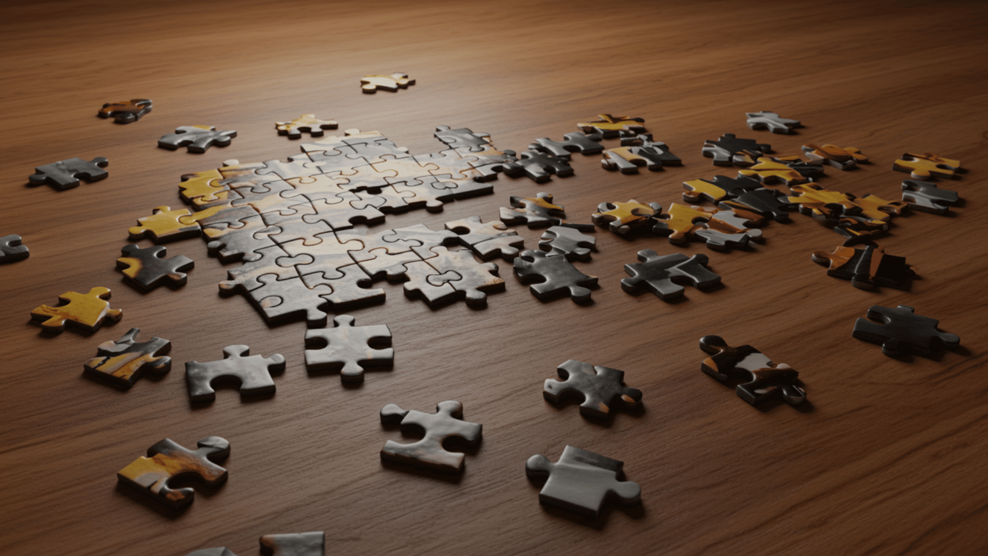 partially completed jigsaw puzzle with scattered pieces spread across a wooden table in soft light