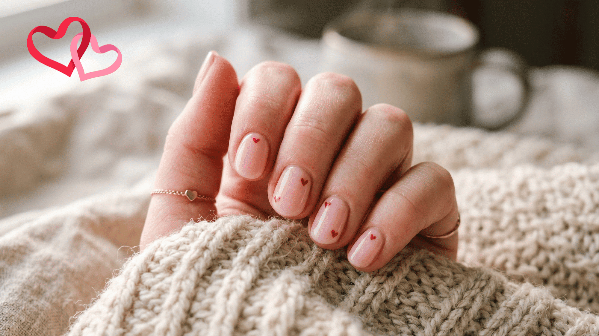 pastel nails with tiny red hearts, minimal manicure, soft lighting