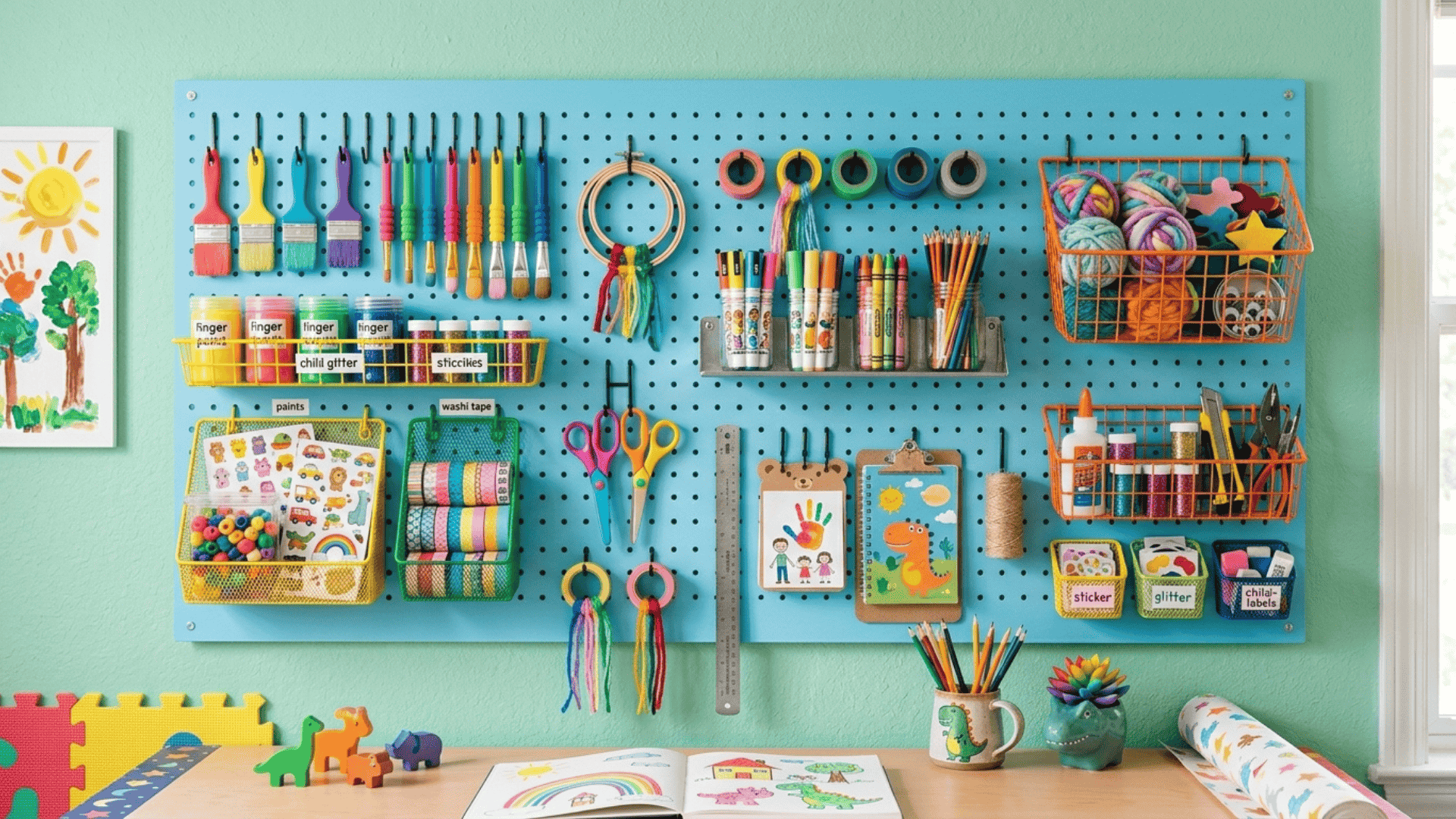 pegboard wall storage with hooks and baskets organizing small items neatly in a compact playroom
