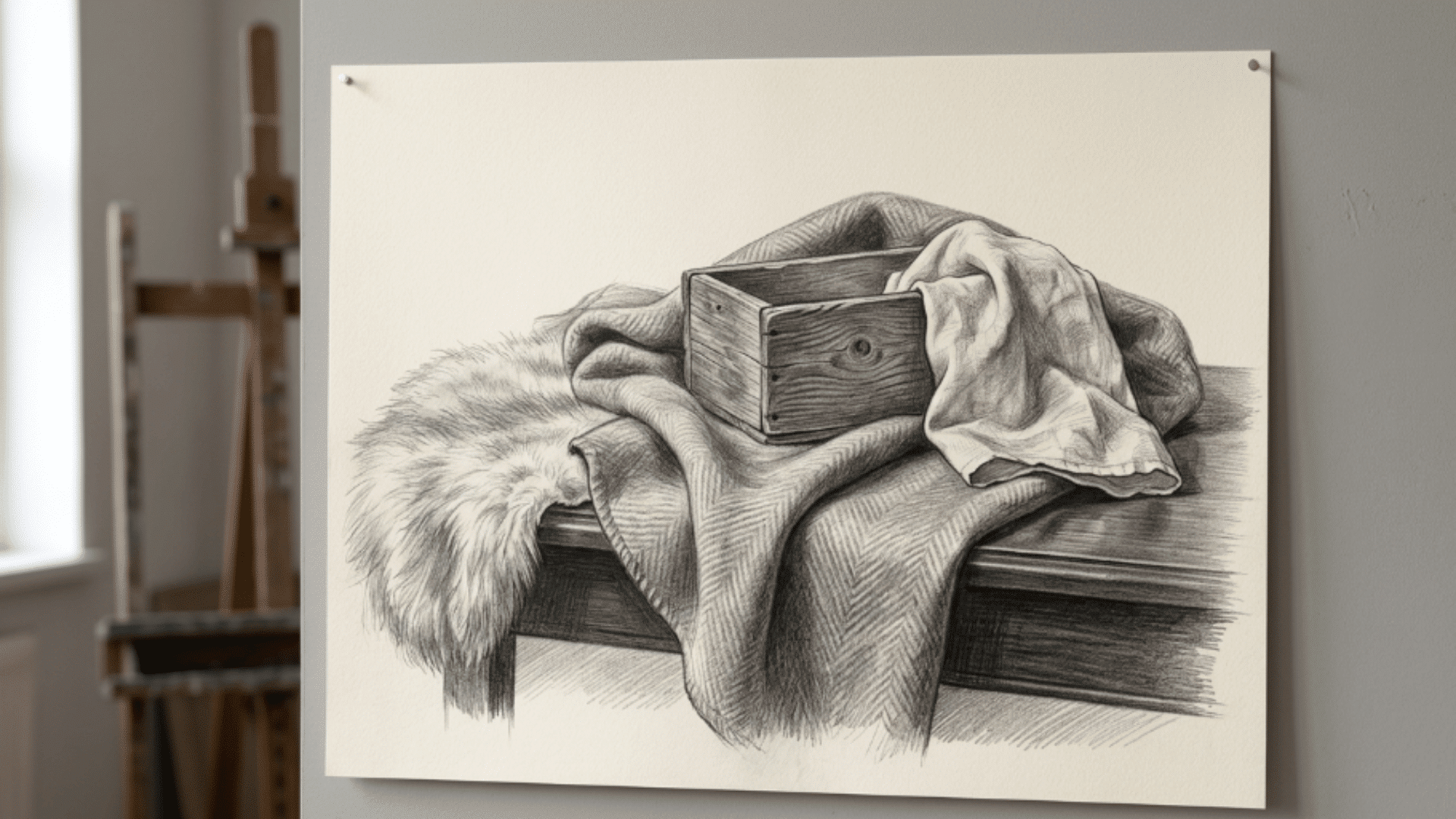pencil drawing of fabric fur and wooden box showing implied texture with detailed shading on paper