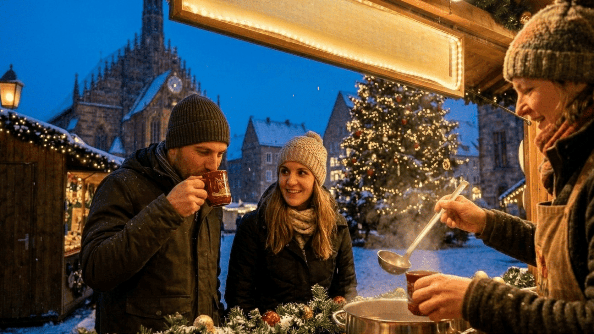 people enjoying hot drinks at a festive winter market with wooden stalls, lights, and seasonal decorations