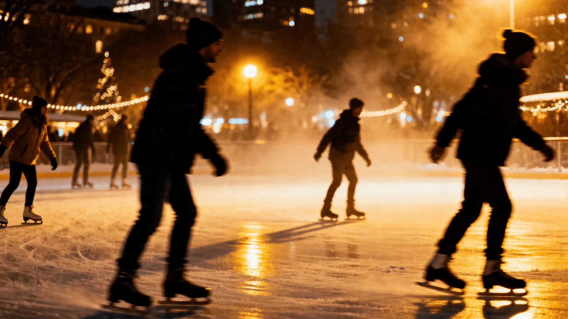 People ice skating on a lit outdoor rink at night during winter