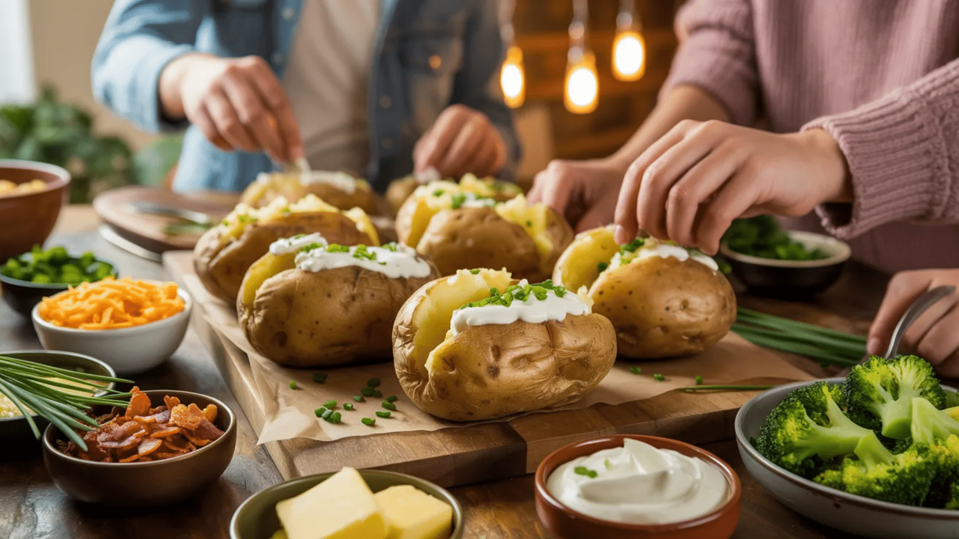 people preparing baked potatoes topped with sour cream chives and cheese surrounded by bowls of toppings on a wooden table