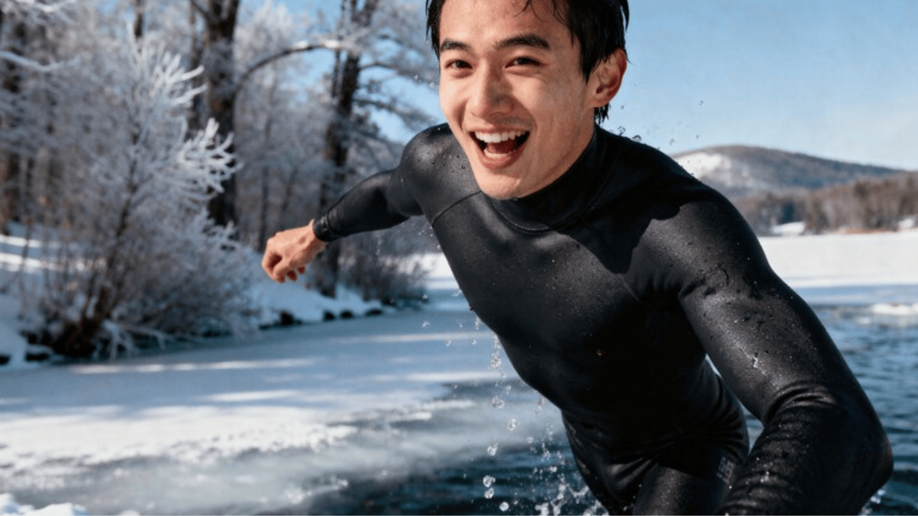 person in a wetsuit jumping into icy water during winter, smiling and enjoying a cold plunge in a frozen lake