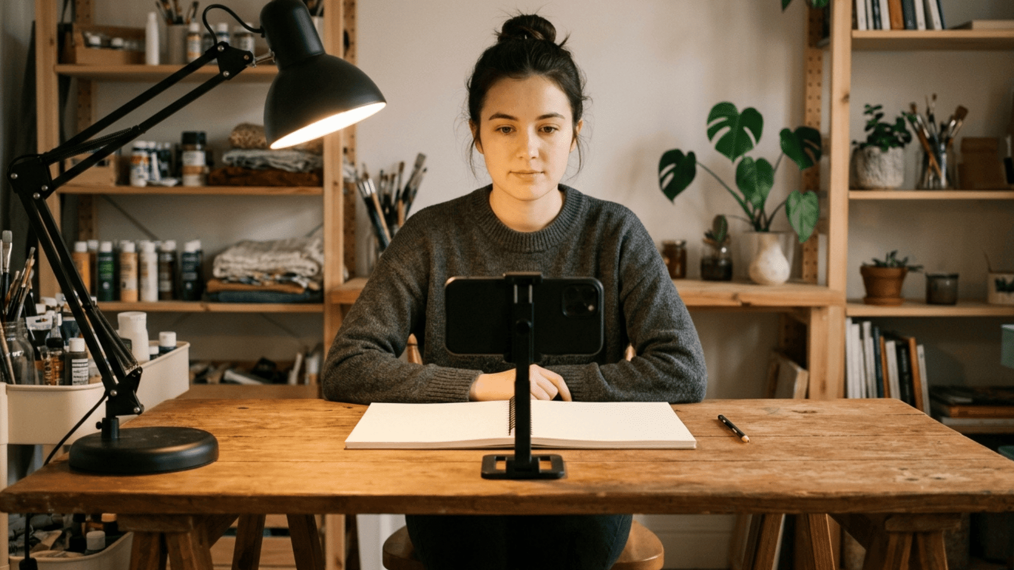 person recording art tutorial with phone while sitting at desk in cozy studio