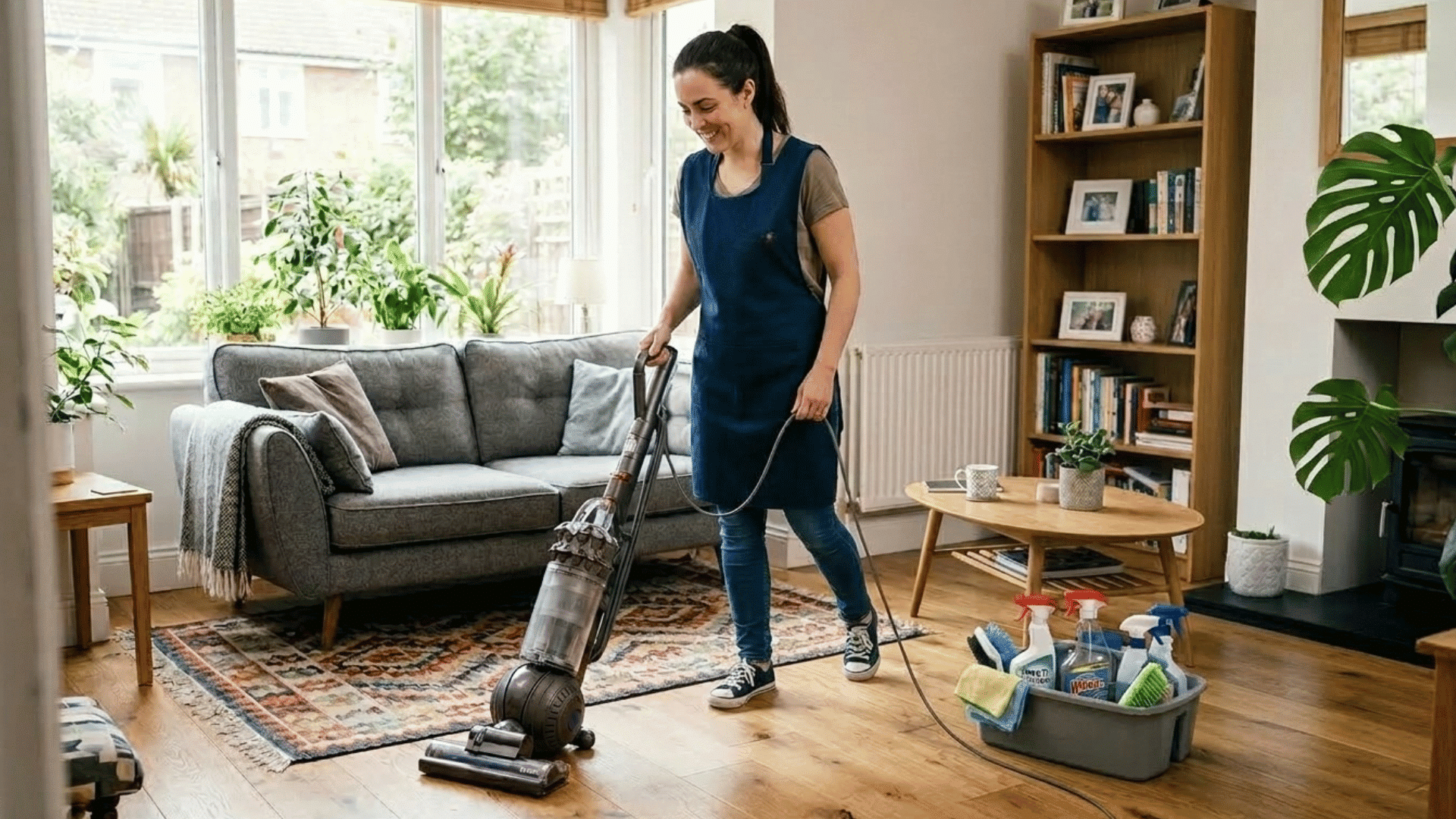 person vacuuming a living room carpet with cleaning supplies nearby.