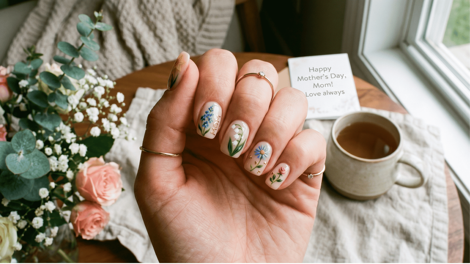 personalized birth flower nail art on nude base for meaningful mother’s day nails