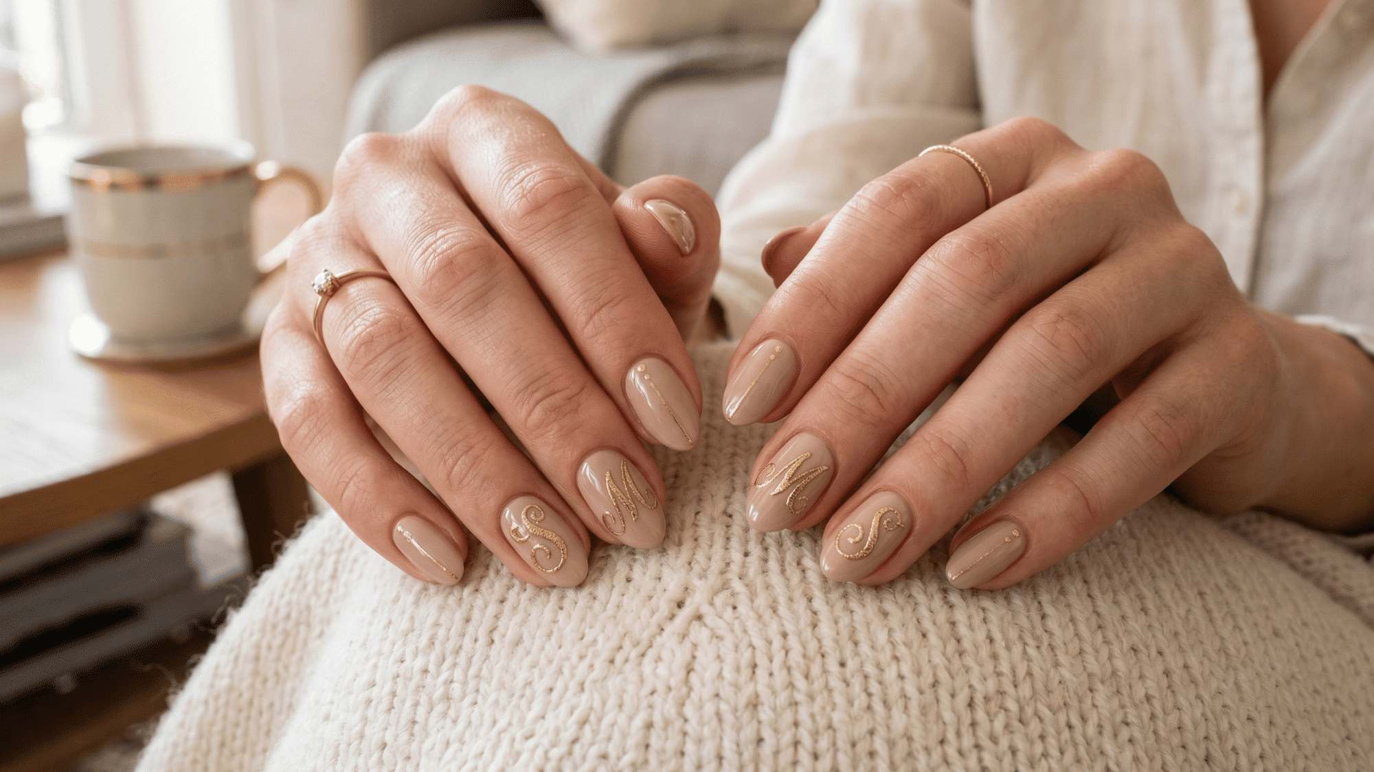 personalized initials nail design with nude base and gold lettering