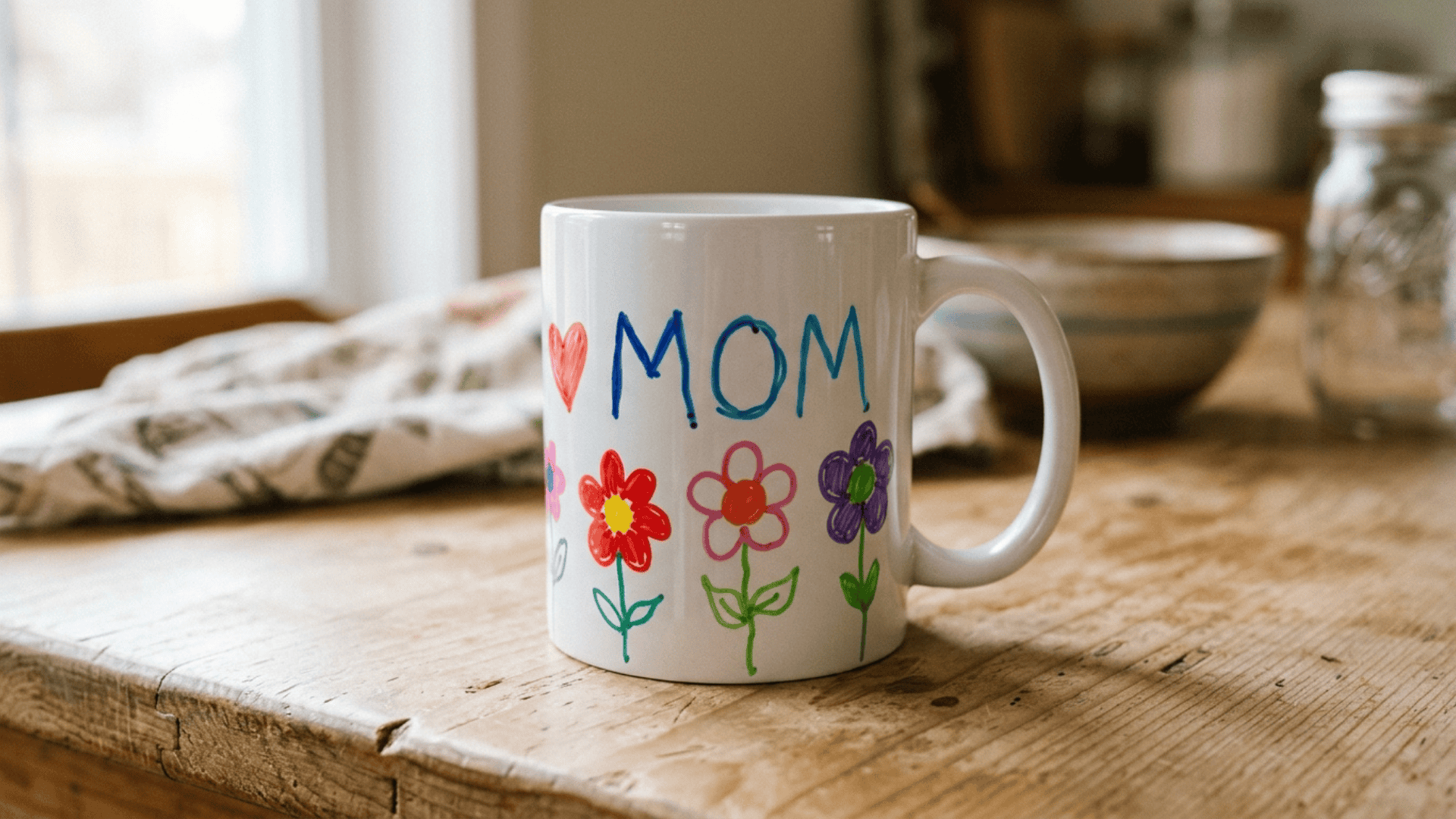 personalized white mug with hand-drawn flowers and the word mom written in colorful marker as a diy gift