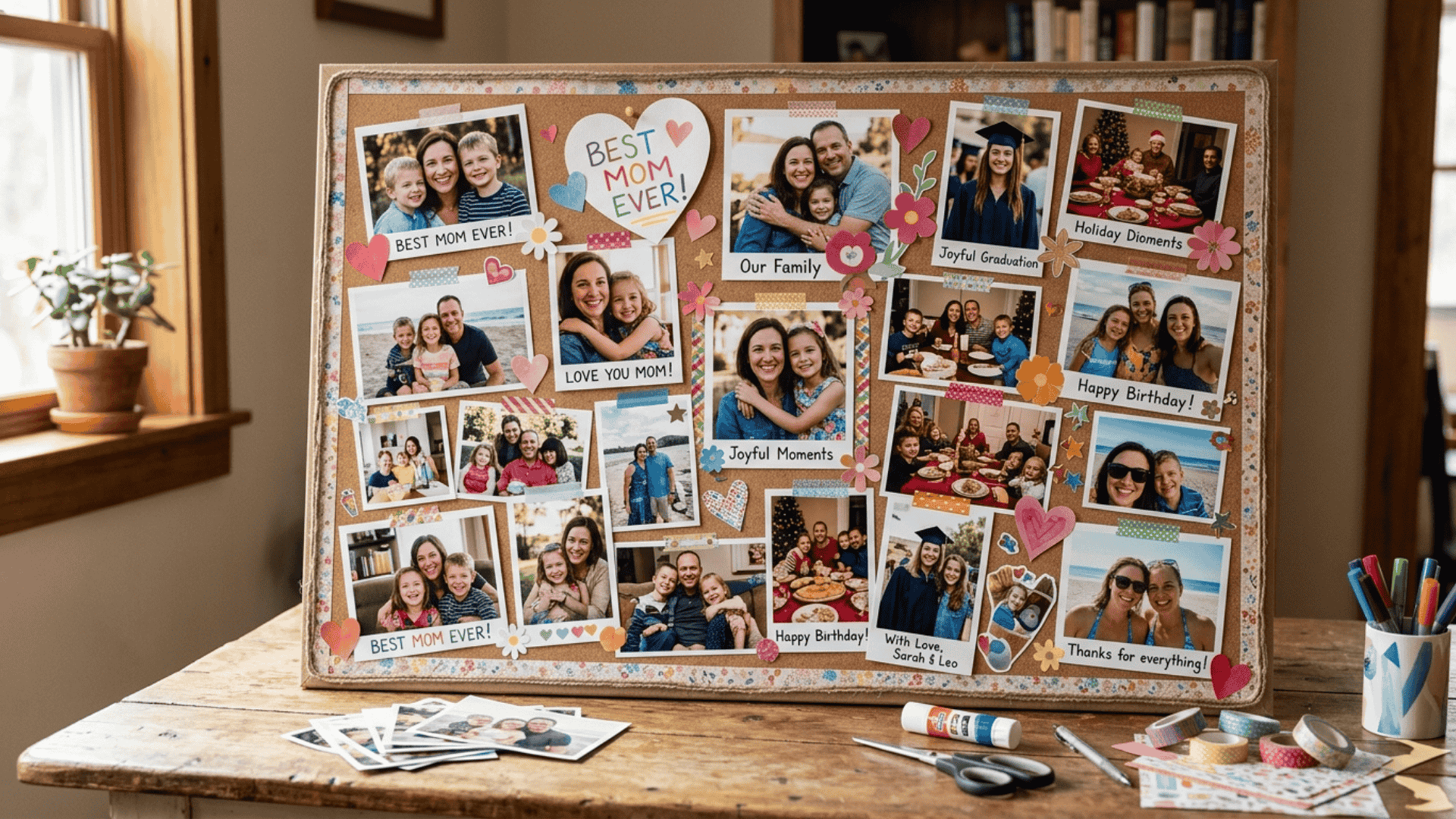 photo collage board with family photos heart cutouts and handwritten captions reading best mom ever and love you mom on a corkboard