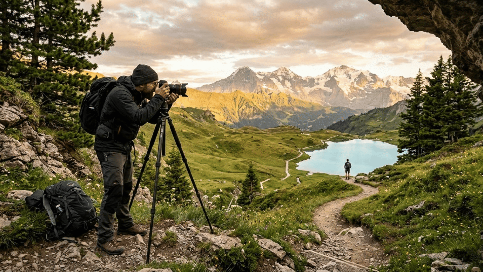 photographer using a camera on tripod capturing a mountain lake landscape with a winding path leading toward a distant hiker. (2) (1)