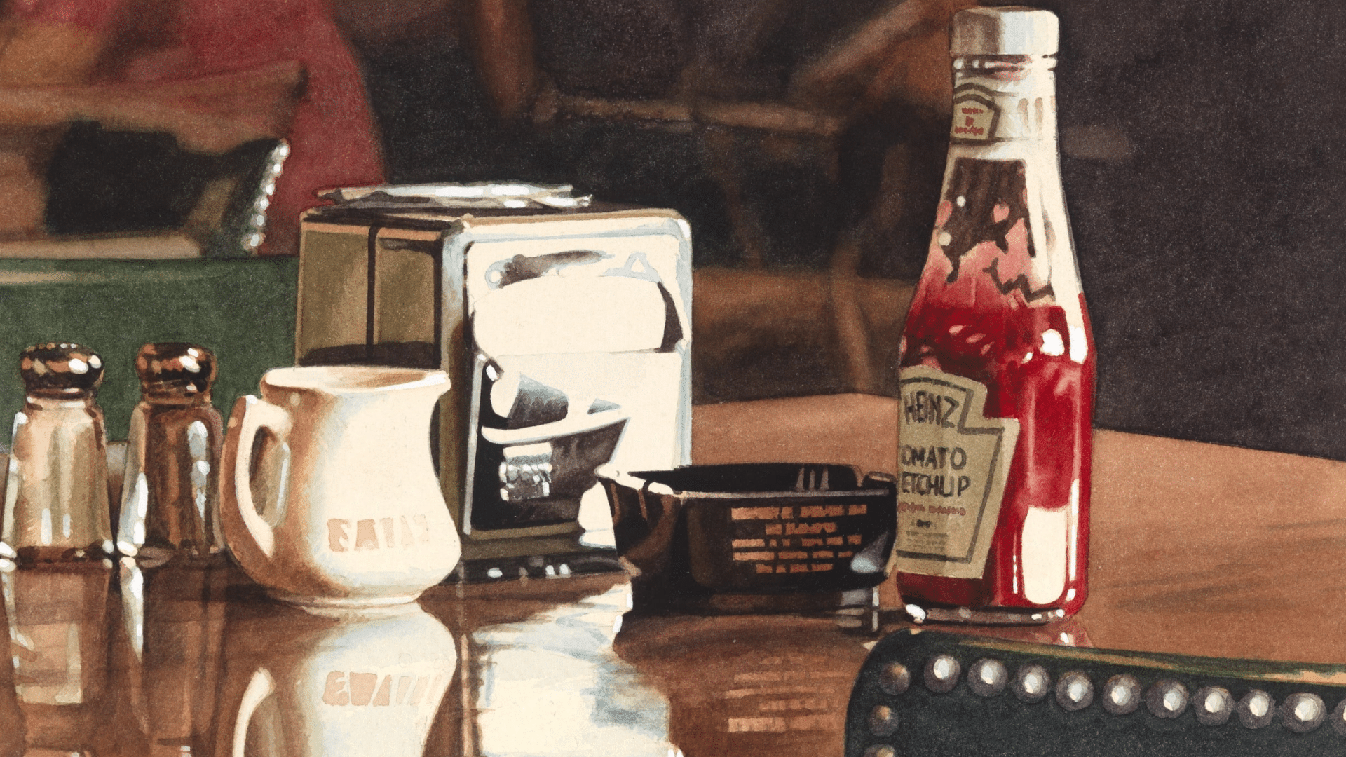 photorealist still life painting showing everyday objects with precise detail and smooth surfaces resembling a realistic photograph