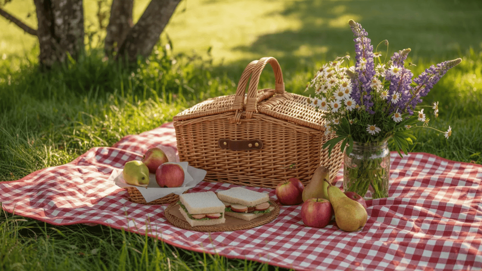 picnic blanket spread on green grass with a wicker basket, wrapped sandwiches, fruit, and a small bouquet of wildflowers, soft afternoon sunlight
