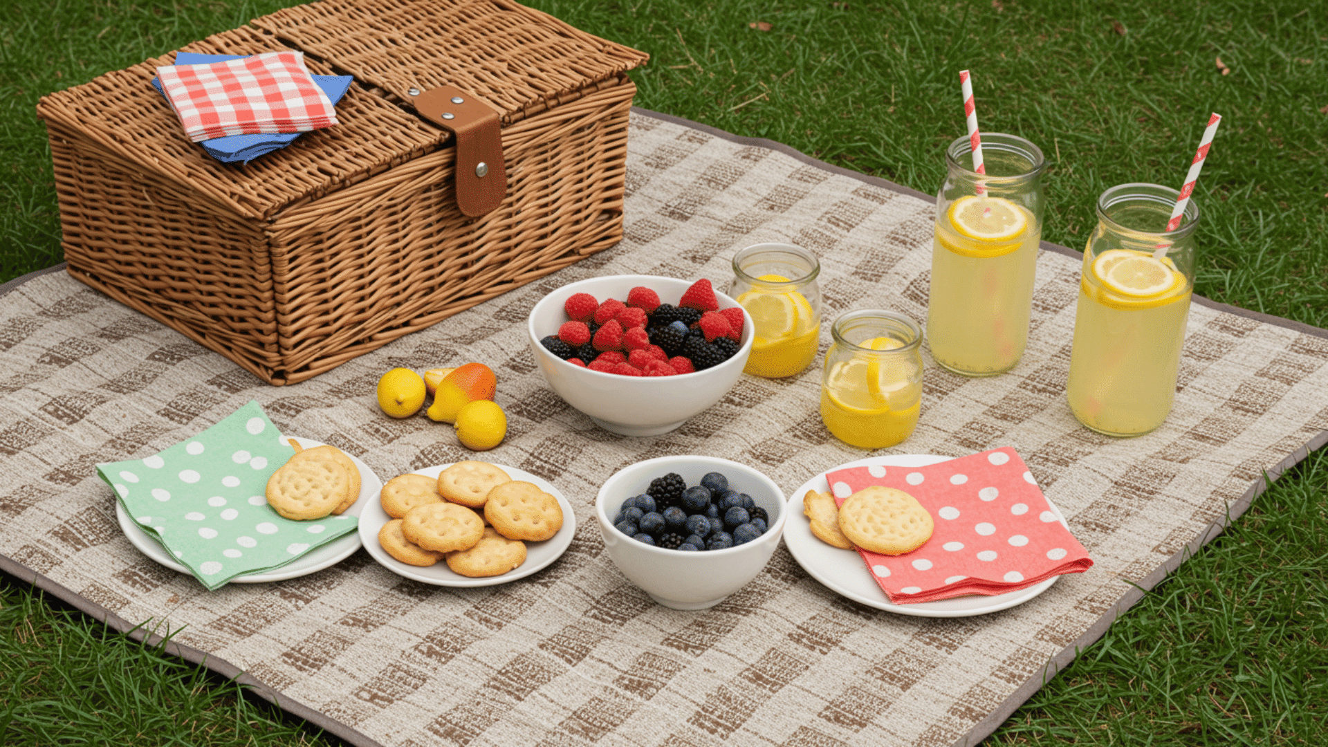 picnic blanket with basket, lemonade jars, berries, crackers, and napkins arranged neatly on grass outdoors.