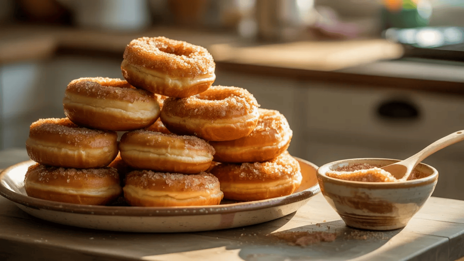 pile of golden donuts generously coated in cinnamon sugar on a plate with a small dish of extra cinnamon sugar, warm lighting