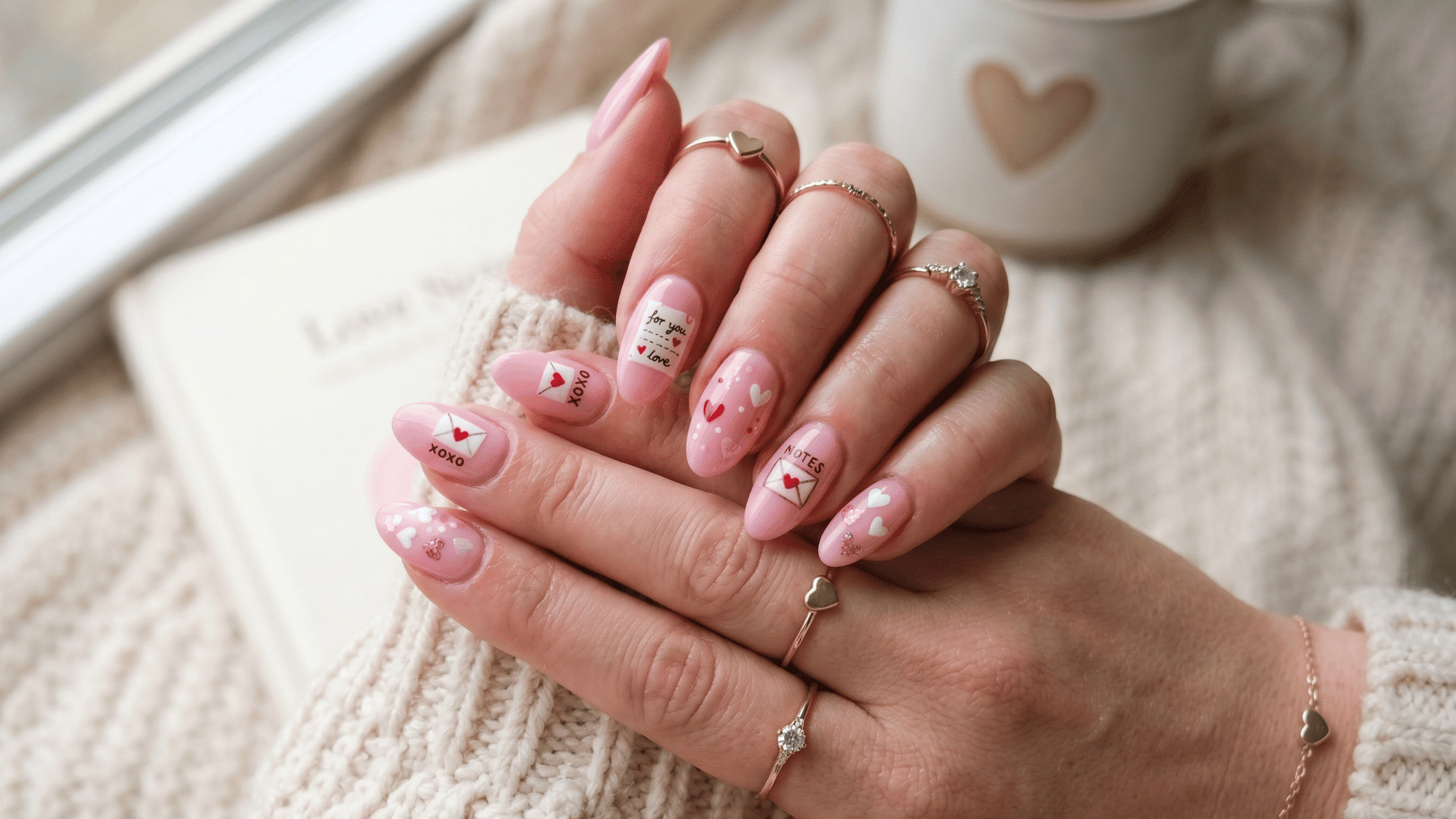 pink nails with mini love notes, hearts and envelope details
