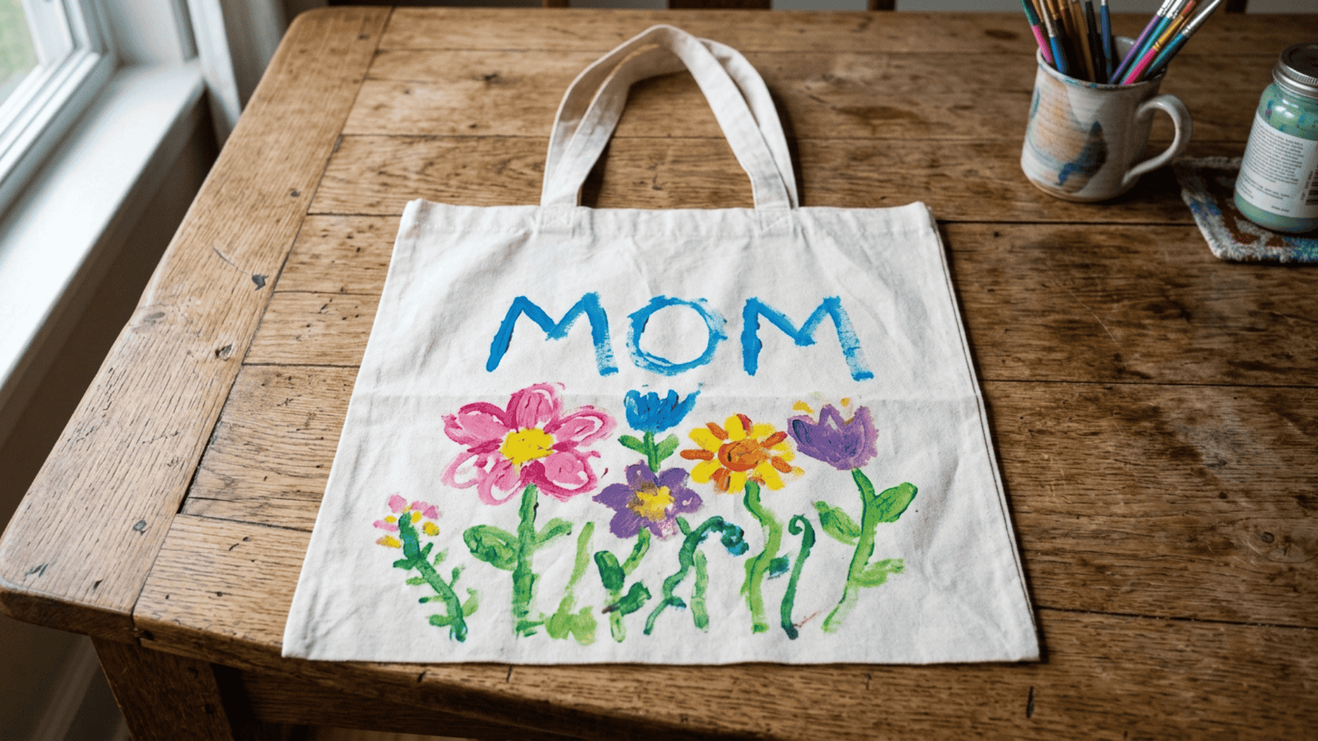 plain white tote bag with hand-painted flowers and the word mom written in fabric paint as a diy gift for mom