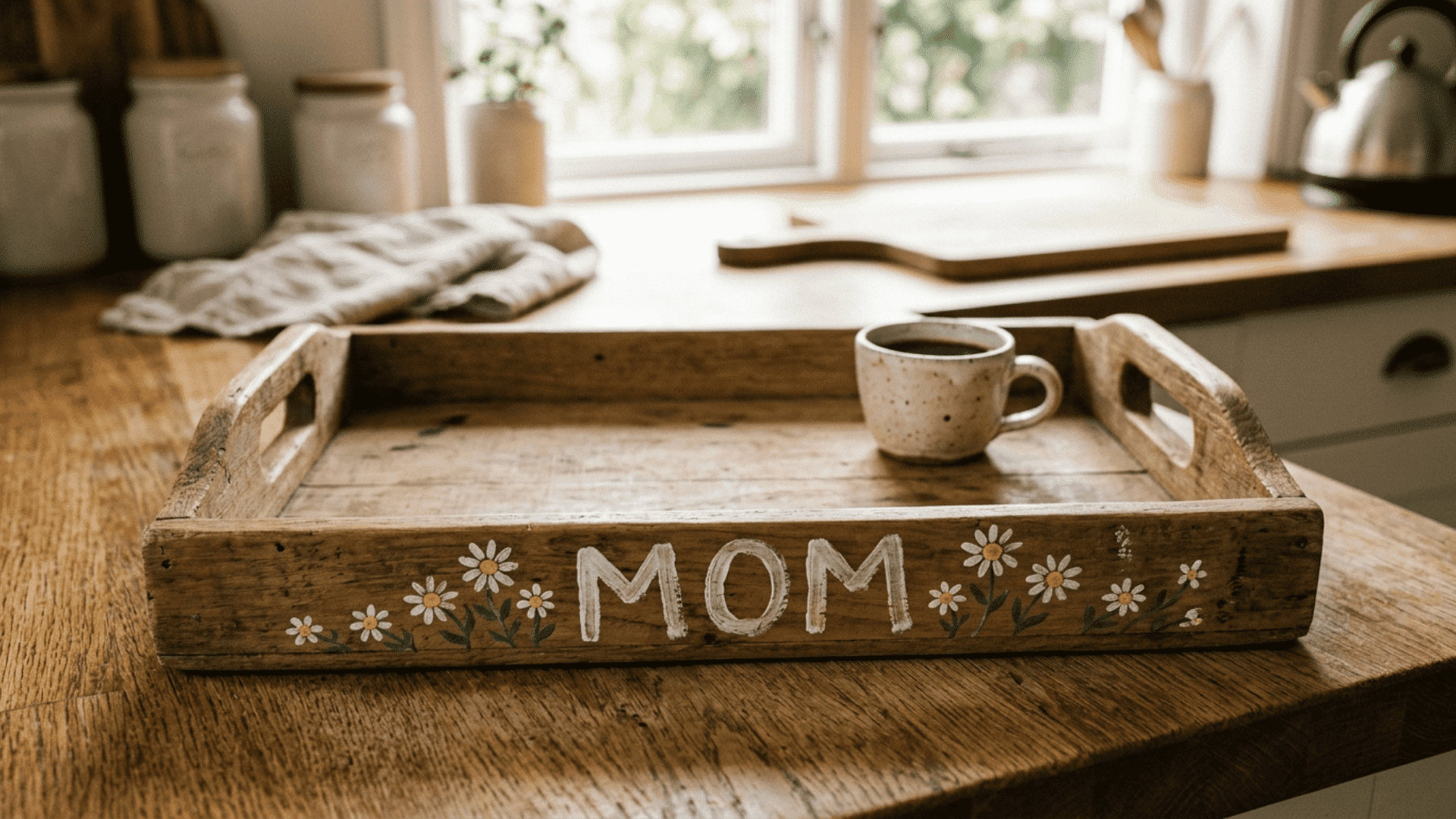 plain wooden serving tray with hand-painted daisies and the word mom in white and yellow as a diy mothers day gift