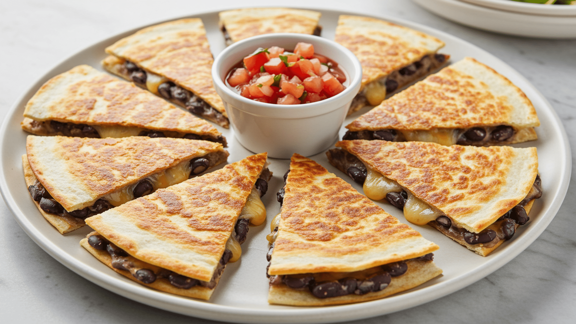 plate of crispy quesadilla slices filled with beans and melted cheese, arranged around a small bowl of fresh salsa in the center
