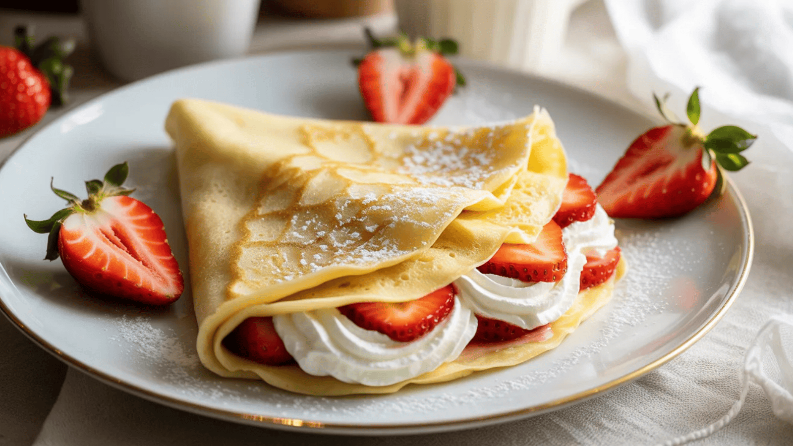 plate of folded golden crepes dusted with icing sugar, filled with fresh-sliced strawberries and whipped cream, visible at the edges
