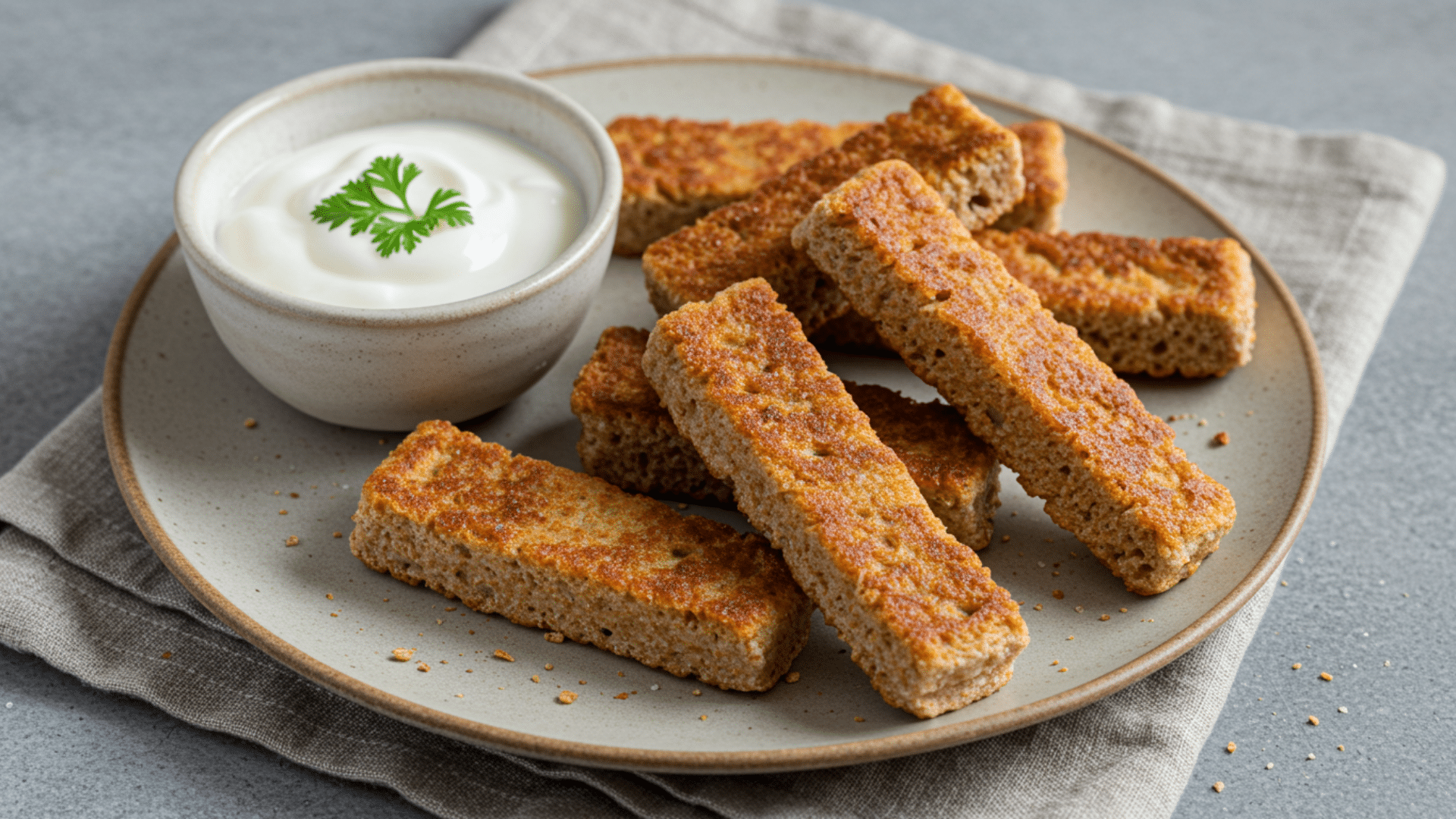 plate of golden toasted bread sticks served with a small bowl of creamy dipping sauce, arranged neatly on a neutral surface