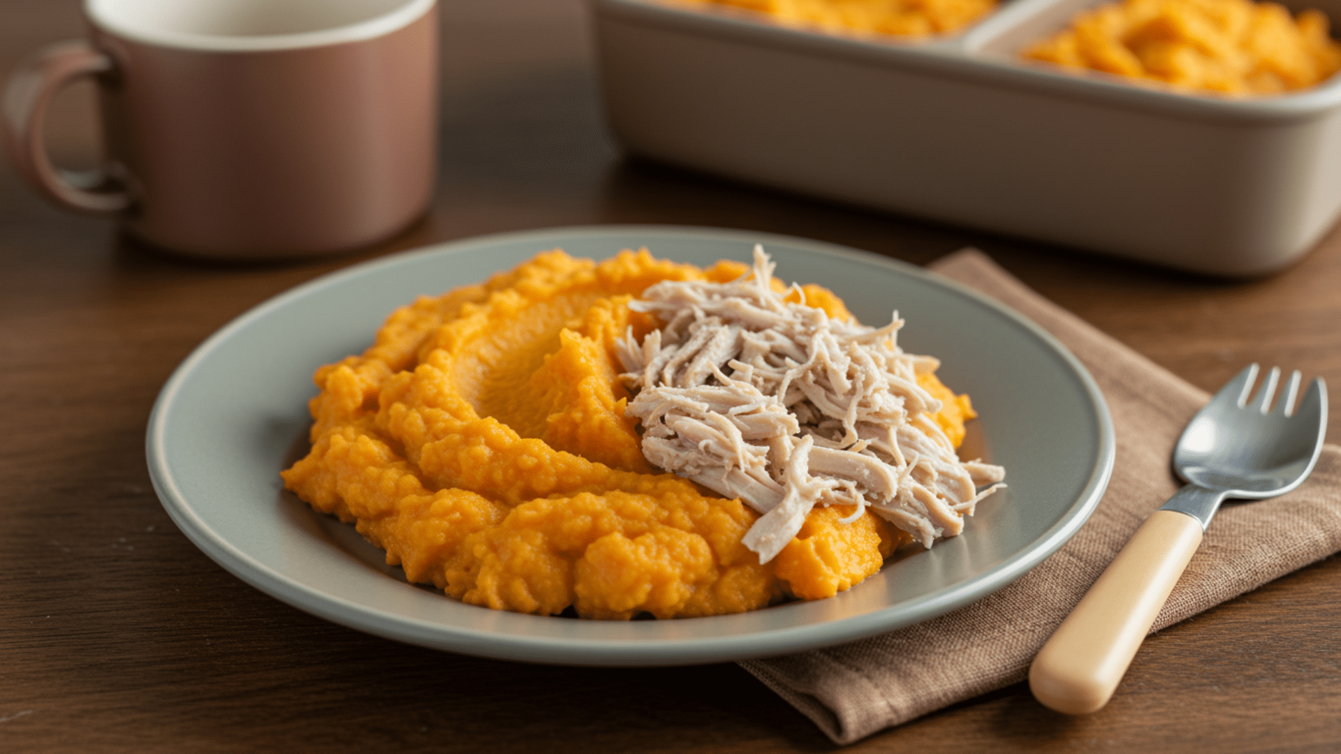 plate of mashed sweet potatoes topped with shredded chicken, served with a fork and a baking dish softly visible in the background