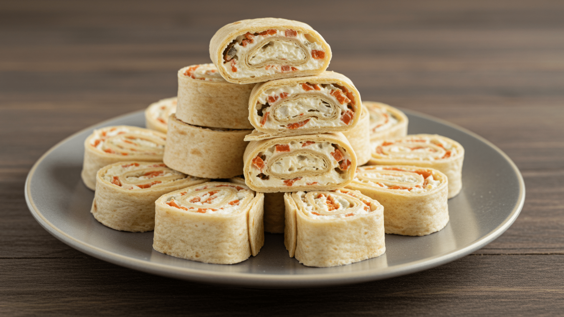 plate of pinwheel wraps filled with cream cheese and diced vegetables, stacked neatly and arranged in a circular pattern