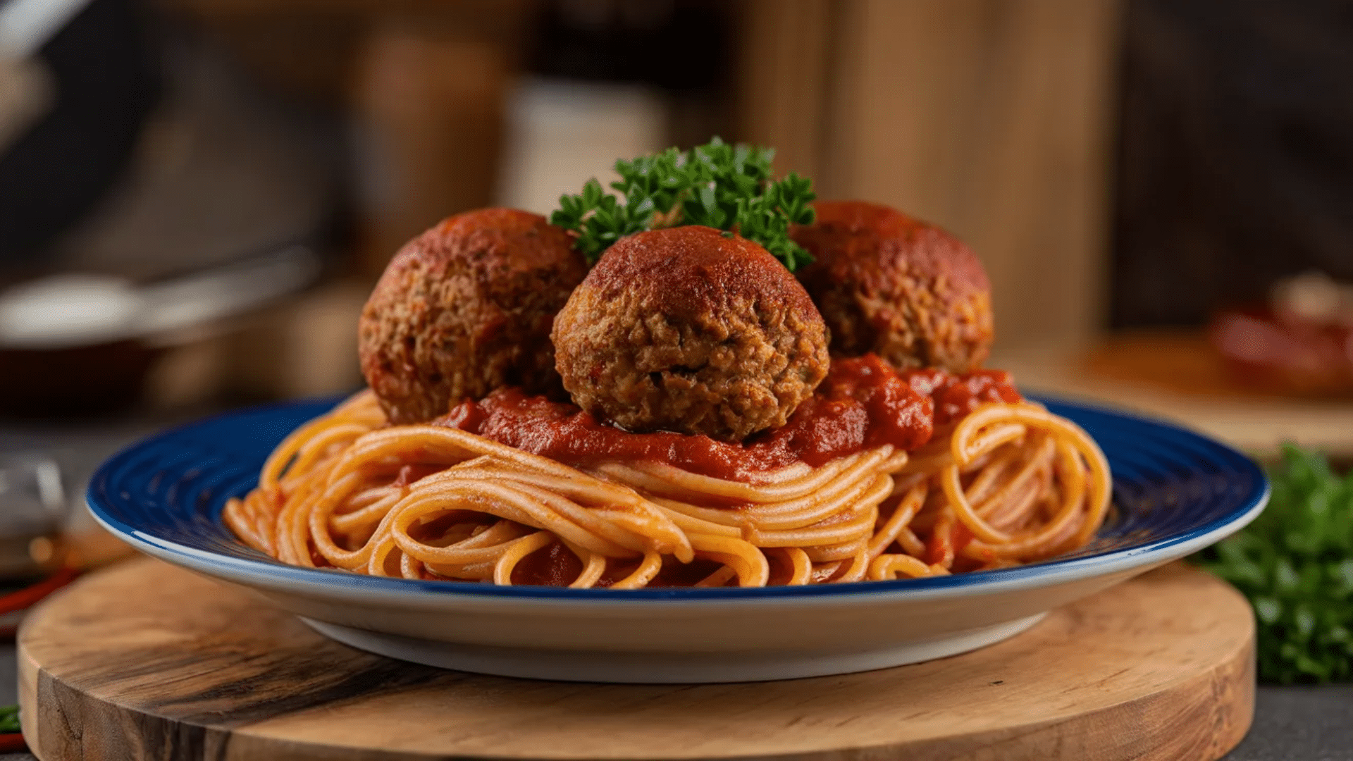 plate of spaghetti with meatballs and sauce garnished with herbs on a wooden surface