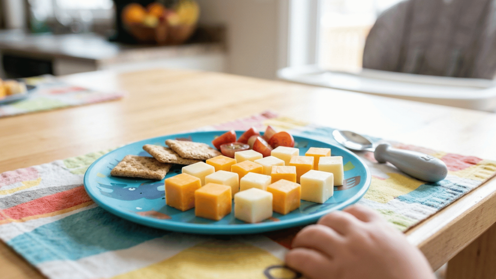 plate with cheese cubes, crackers, and chopped tomatoes on a colorful placemat.