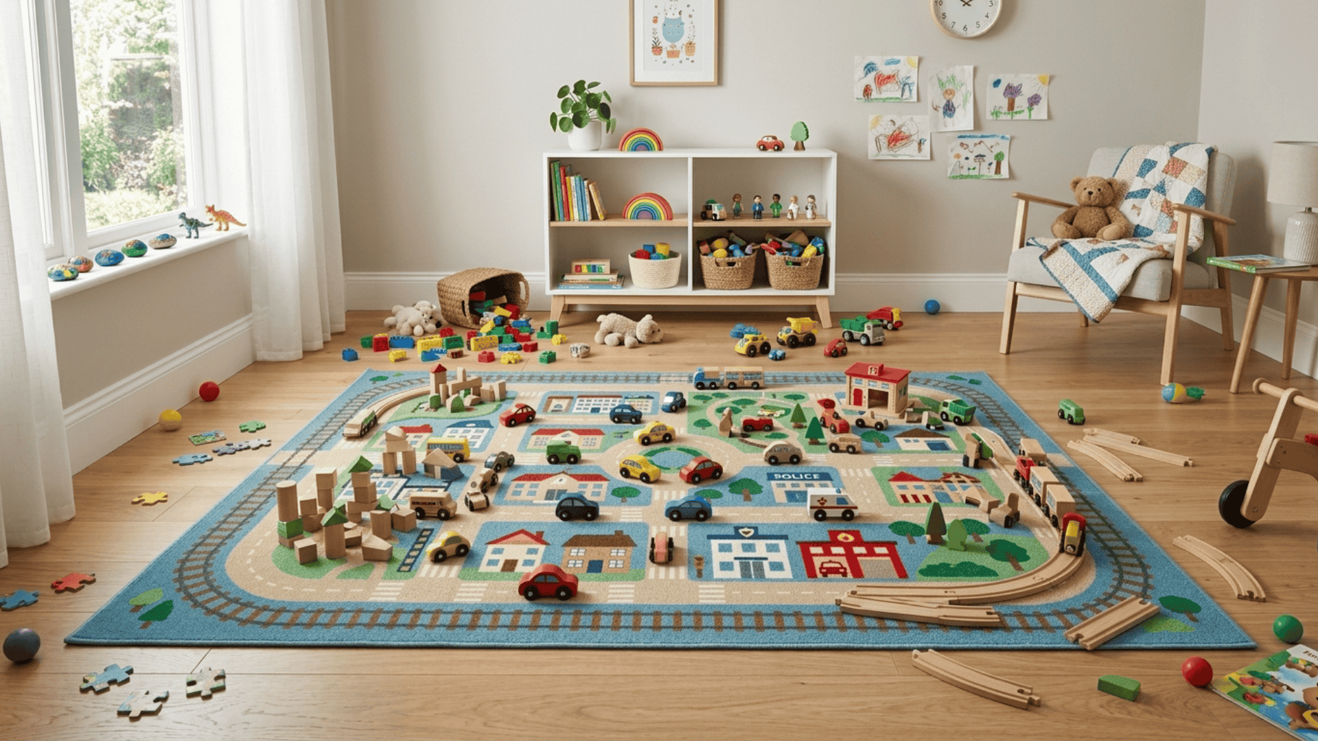 play rug placed to define activity area without adding furniture in a compact playroom layout