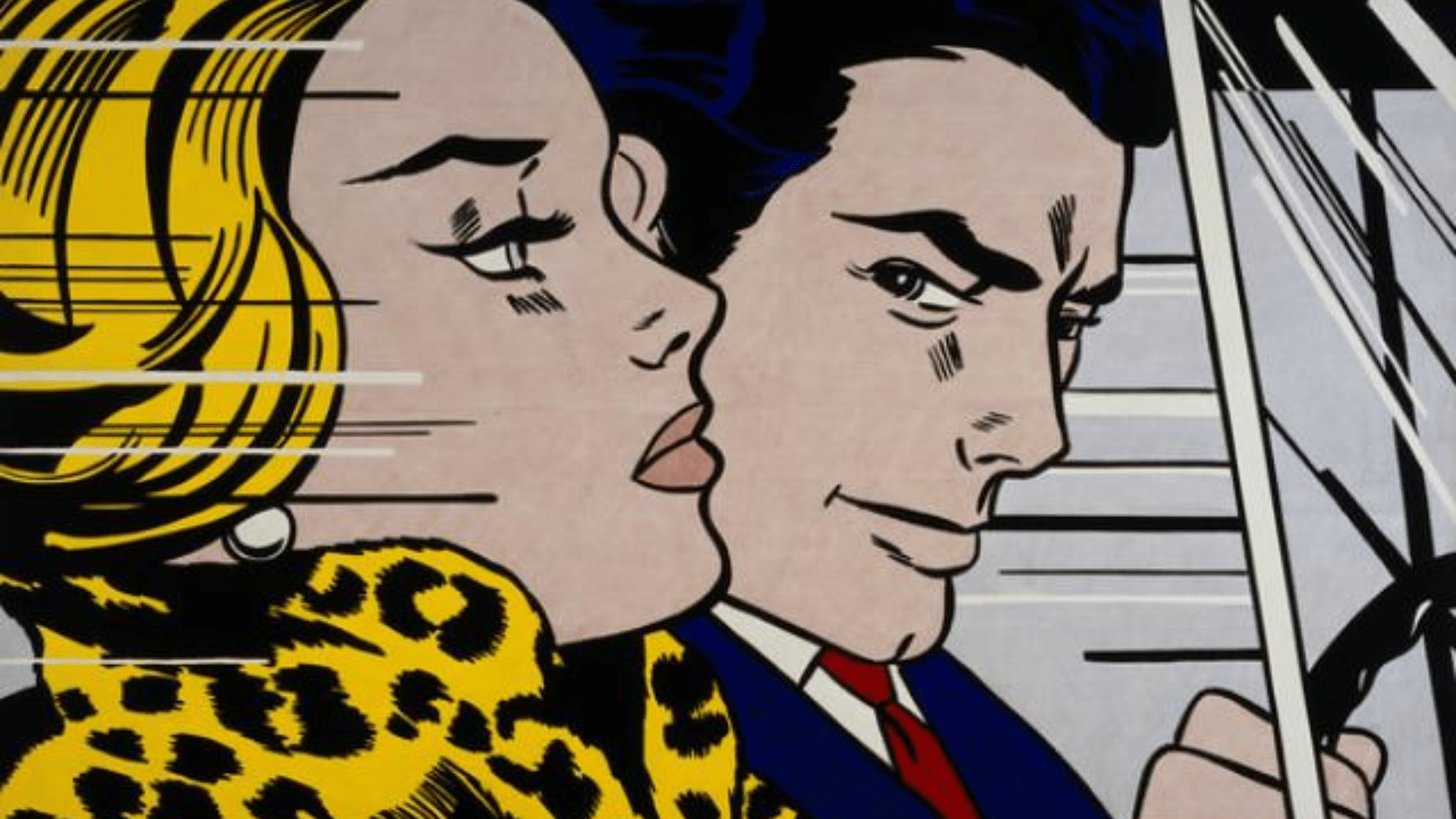 pop art painting showing a stylized comic book scene with bold outlines, flat colours, and dramatic expression inside a car