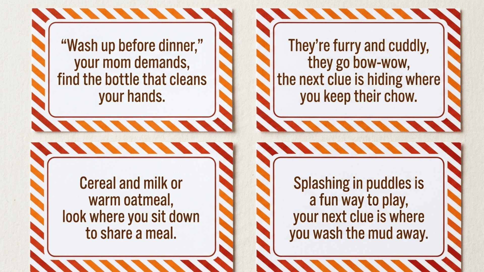 printable scavenger hunt clue cards for kids with simple rhymes and colorful borders for indoor play activity
