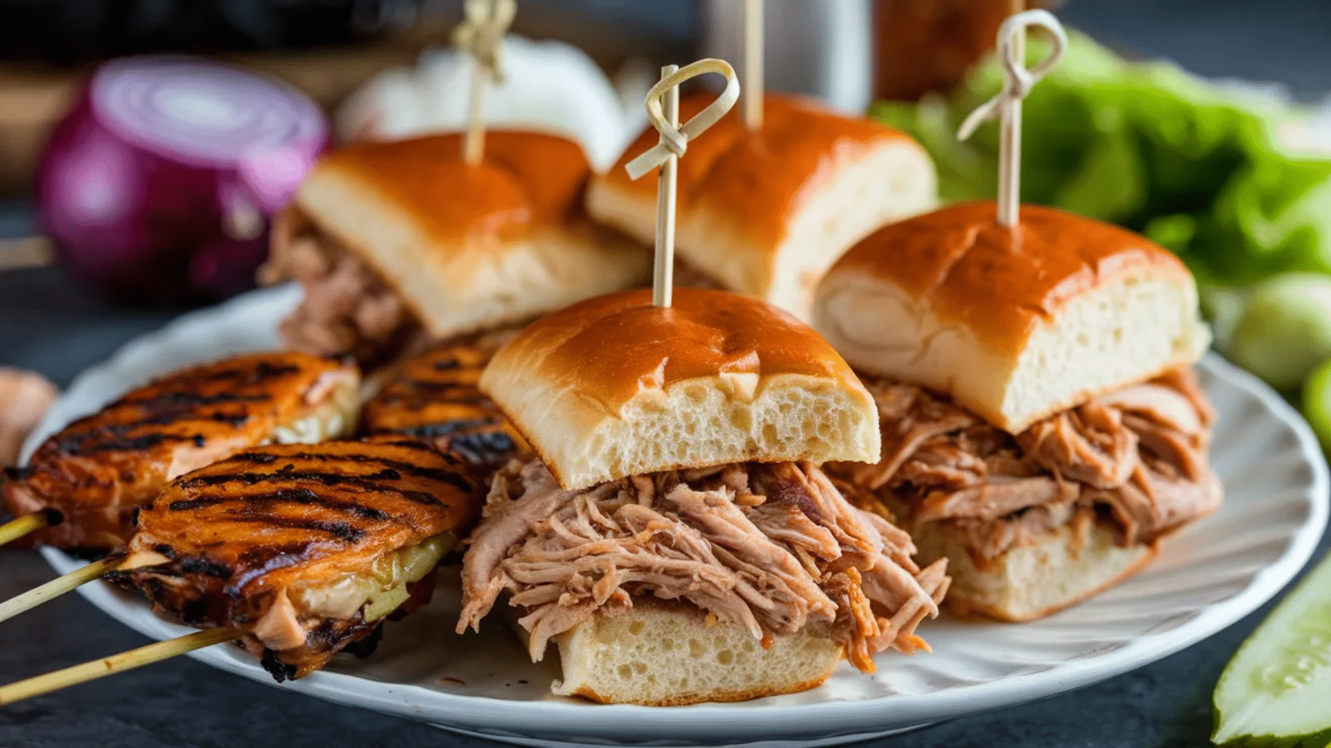 pulled pork sliders on soft buns with skewers served with grilled skewers and fresh vegetables on a plate