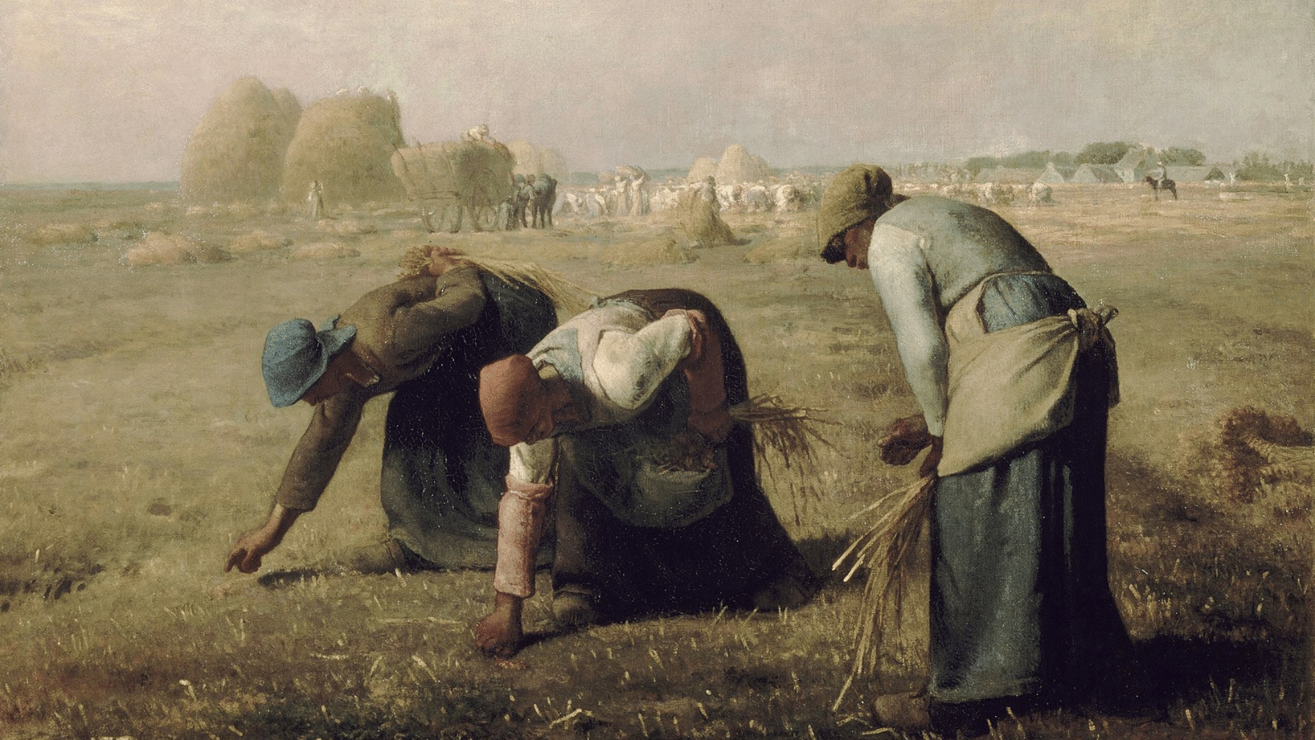 realist painting depicting peasant women bending to gather leftover grain in a harvested field, emphasizing rural labour and poverty (1)