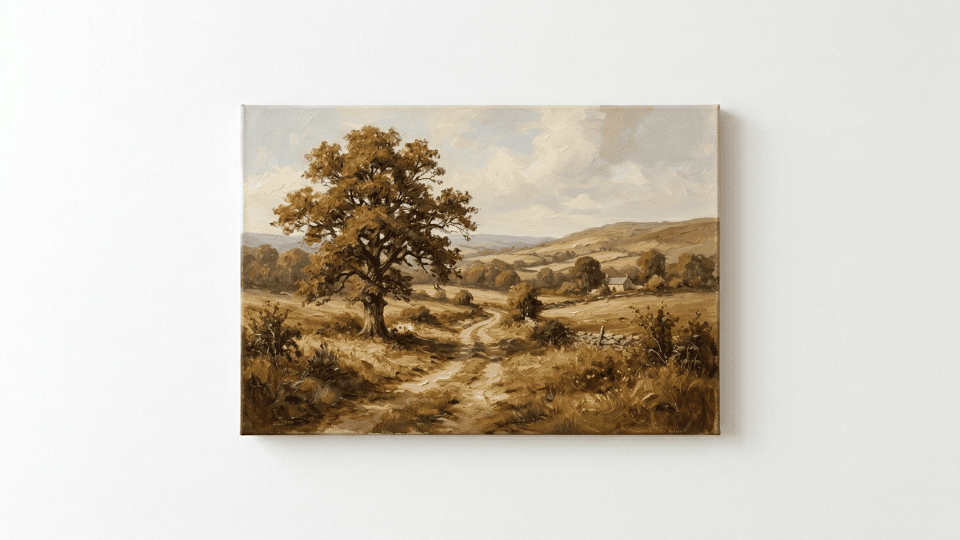 realistic oil paint landscape canvas with detailed tree soft shadows and warm blended tones on white background