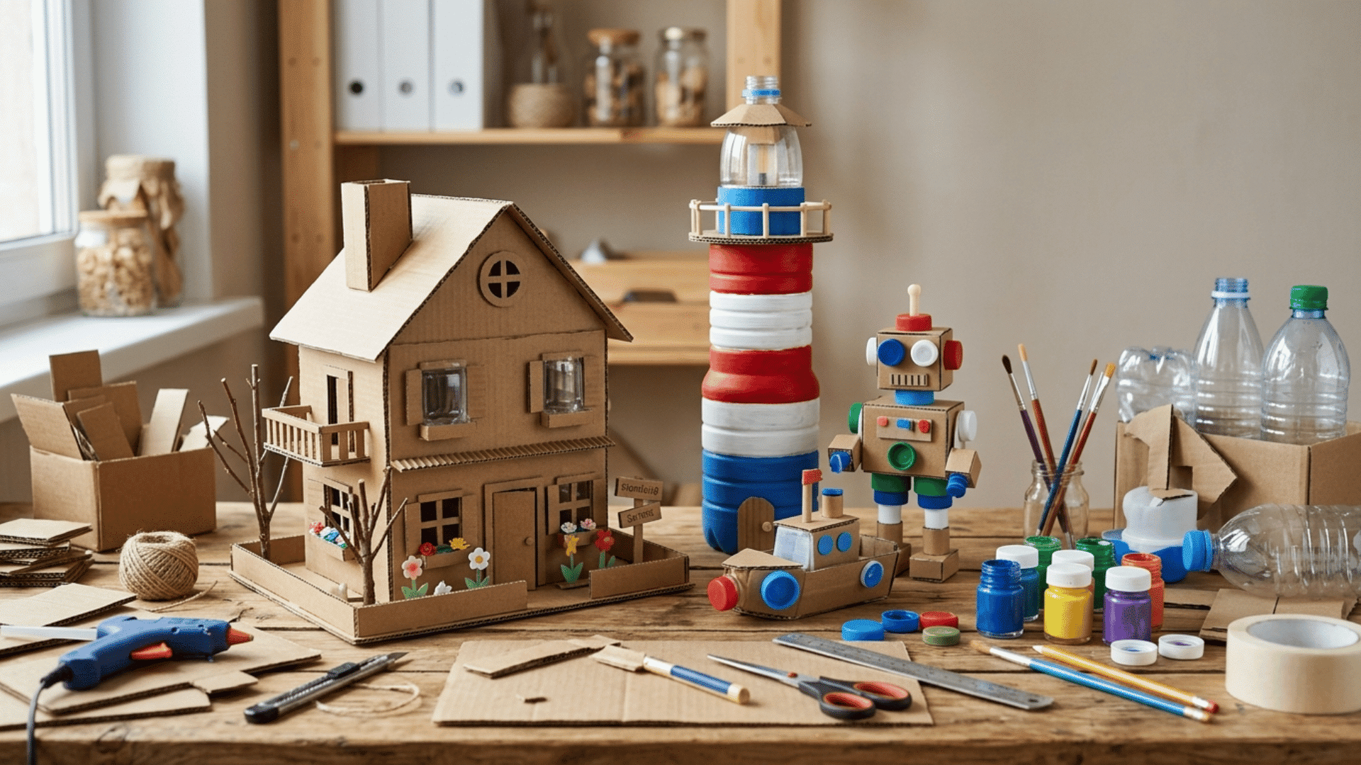 recycled crafts made from cardboard boxes and plastic bottles, including house and toy models