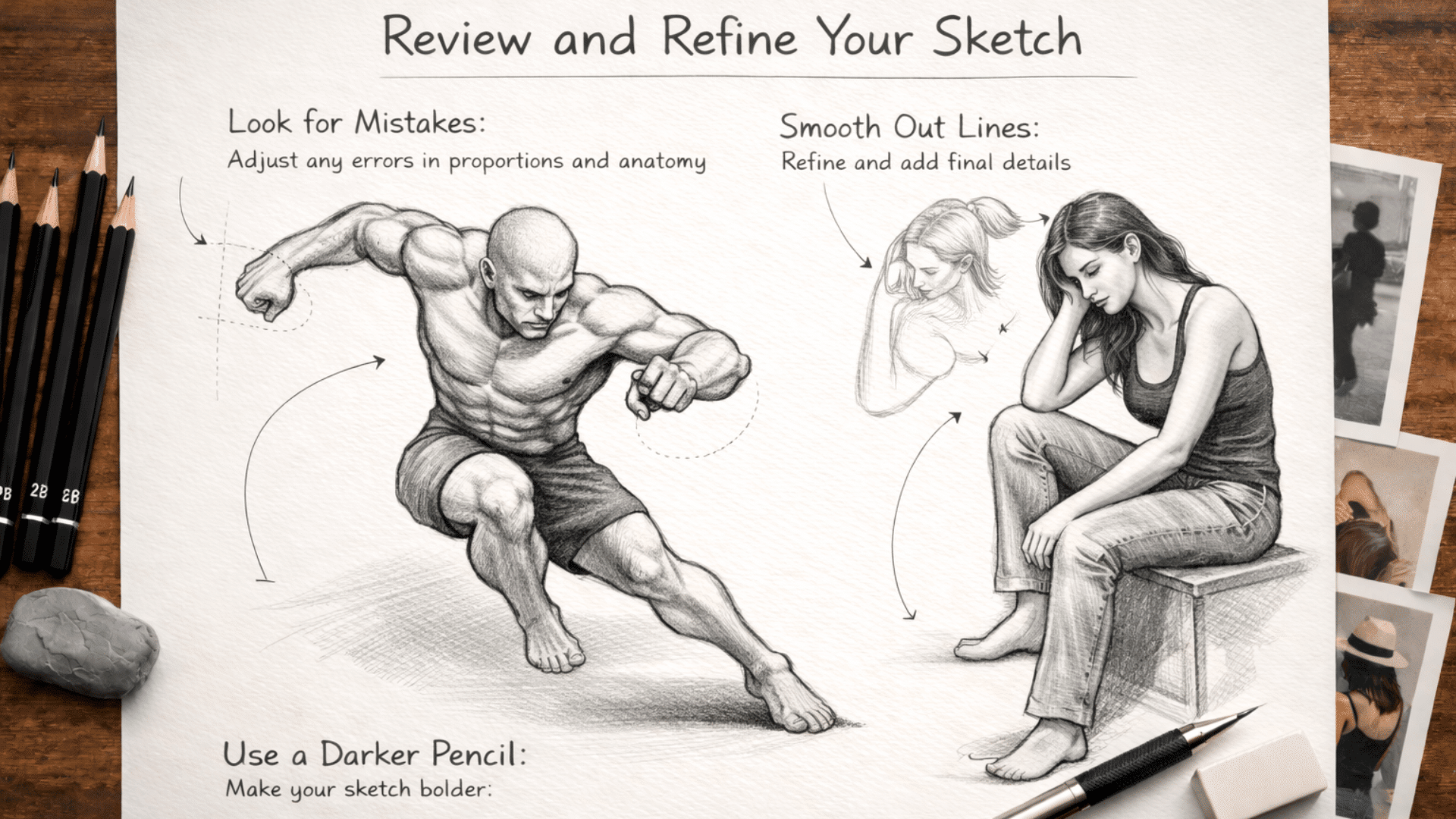 refining sketches with adjustments and final touches using a darker pencil.