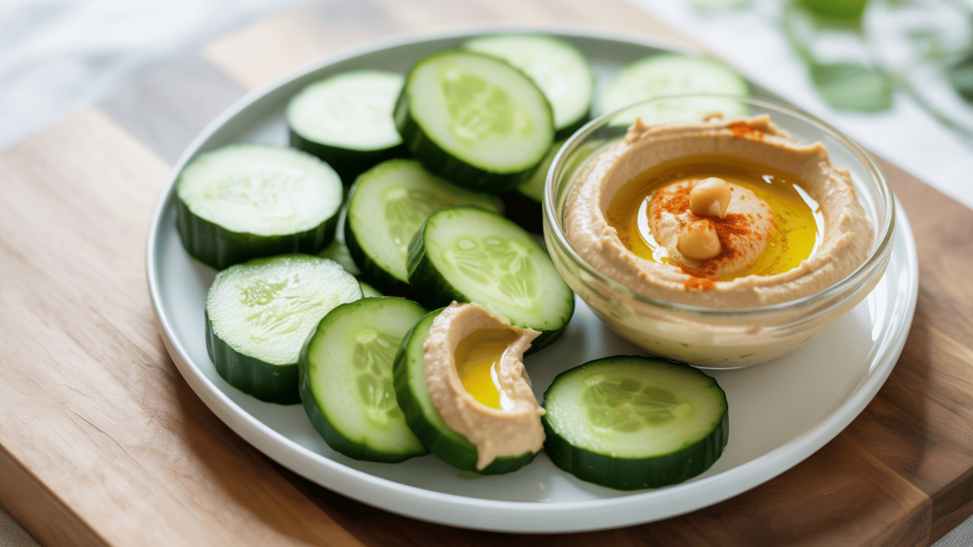 refreshing cucumber slices paired with creamy hummus for a healthy snack