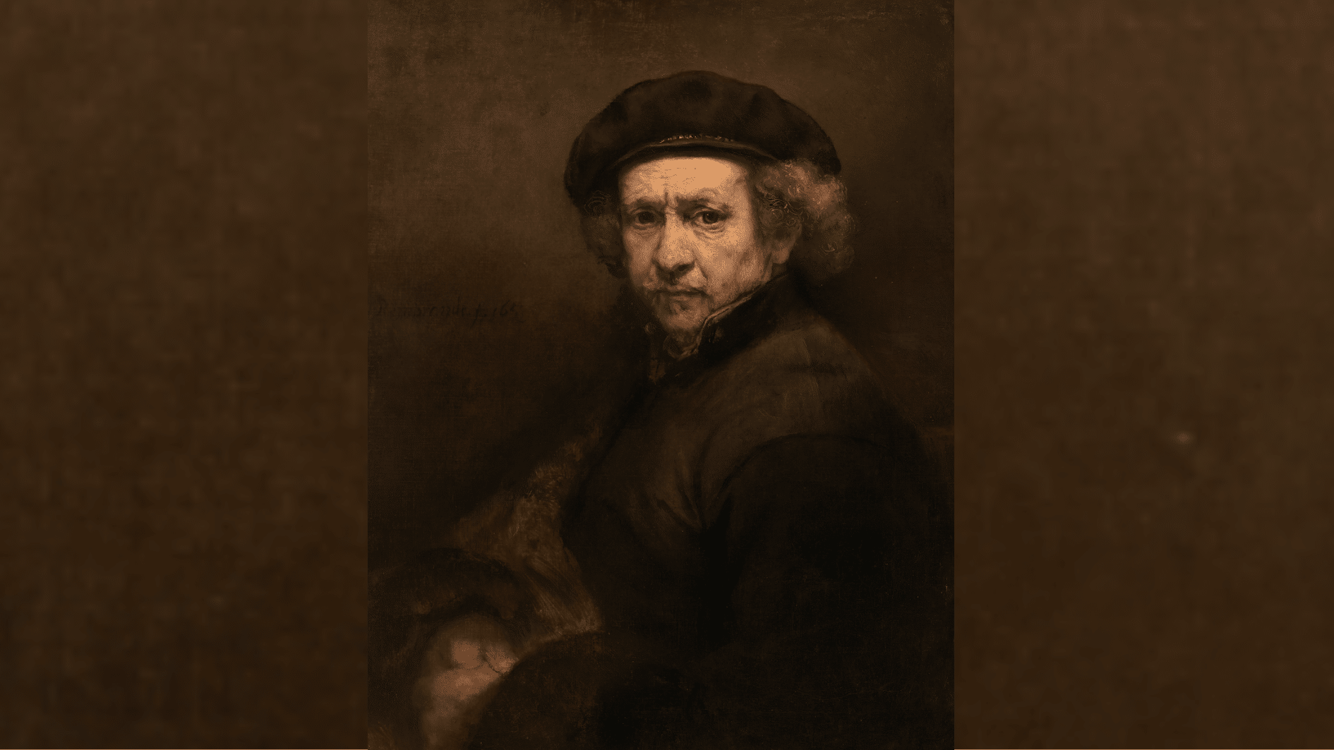rembrandt self portrait painting with dark background and hat