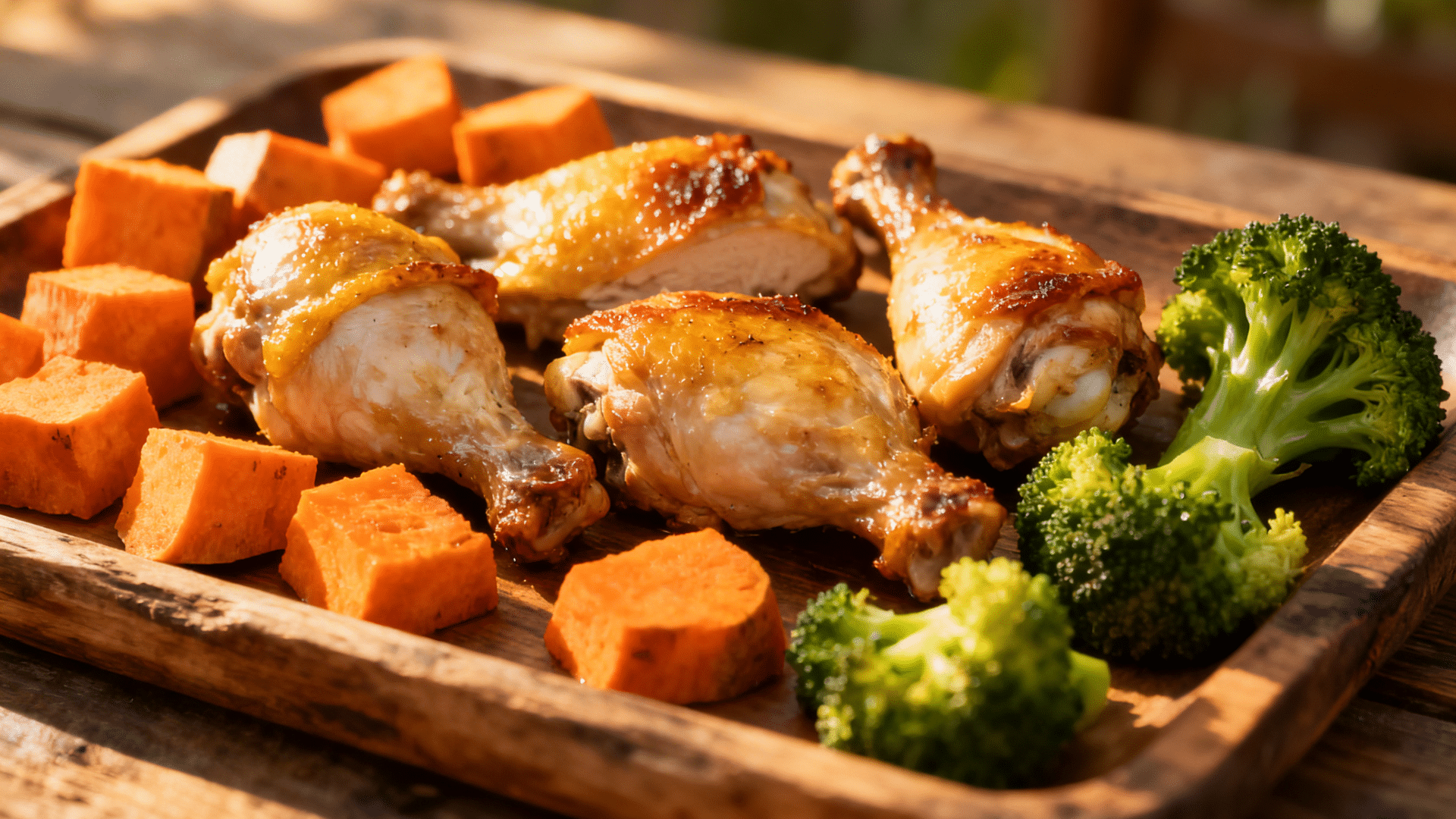 roasted chicken drumsticks with crispy skin served with cubed sweet potatoes and fresh broccoli on rustic wooden tray