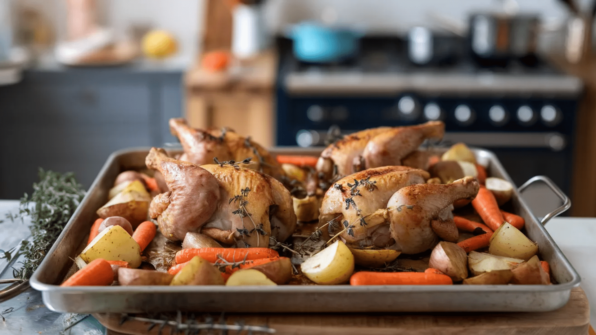roasted chicken with vegetables on a baking tray placed in a kitchen oven area