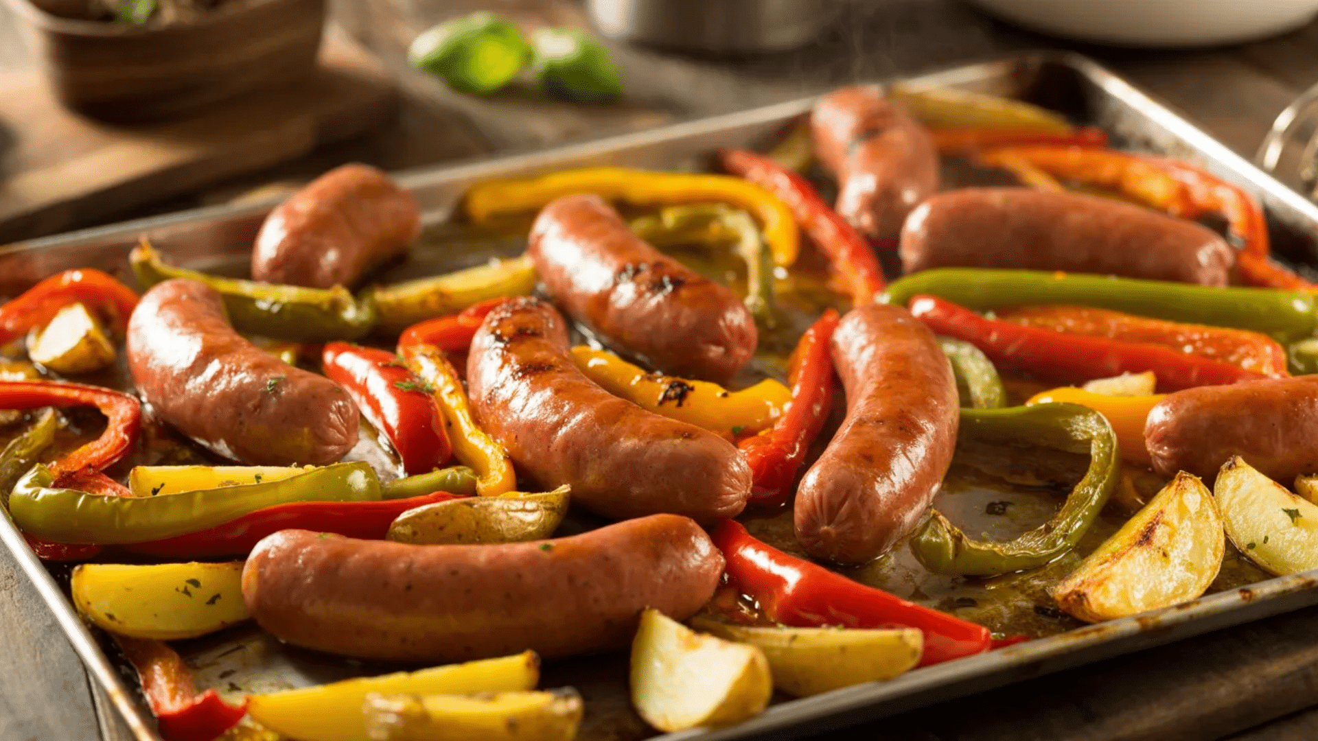 roasted sausages with colorful bell peppers and potato wedges on a sheet pan